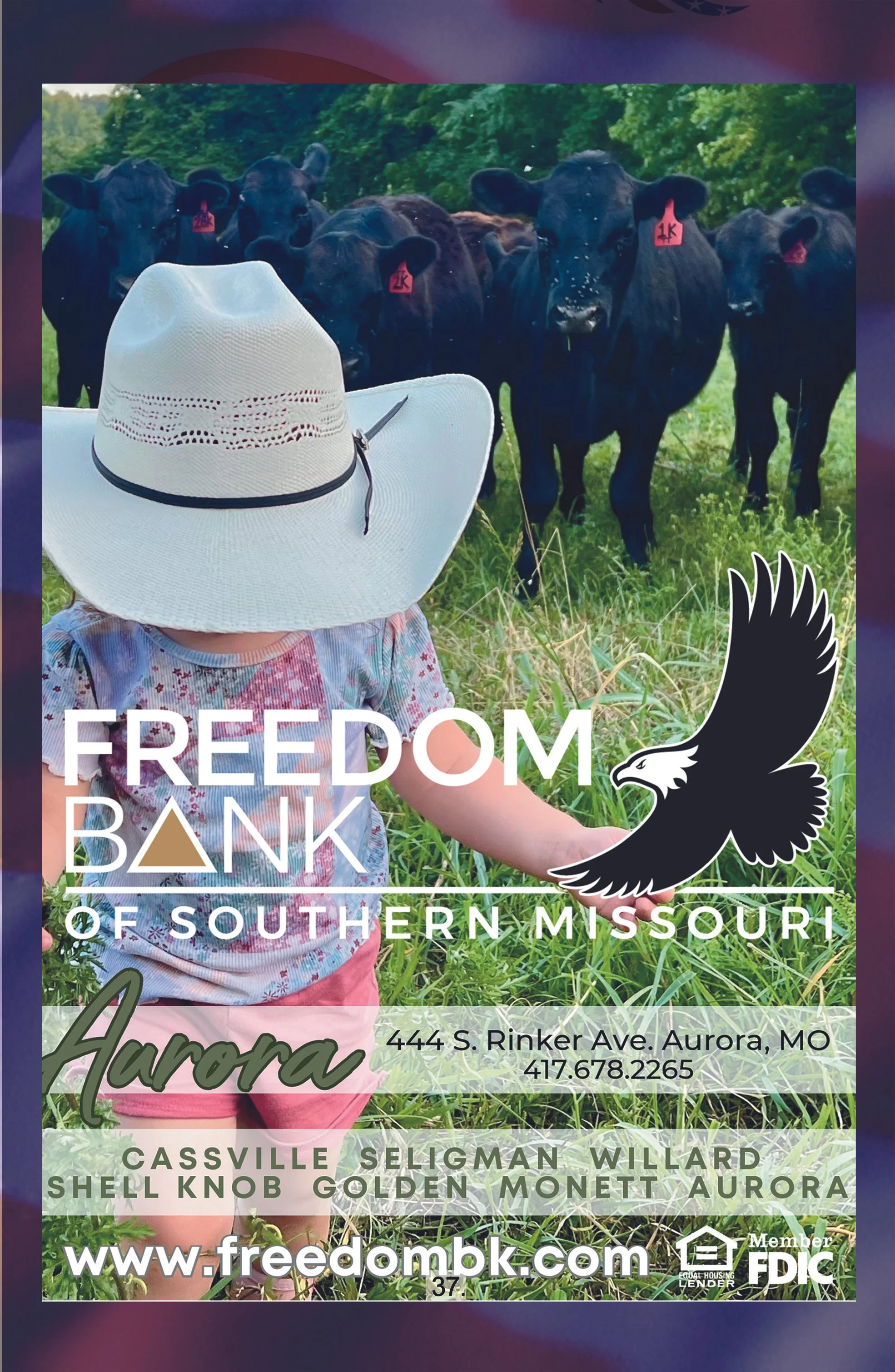 Flyer for Freedom Bank of Southern Missouri featuring a child in a sunhat holding a leash to a dog, with a background of black cattle and trees, information about Aurora, Missouri, and contact details.