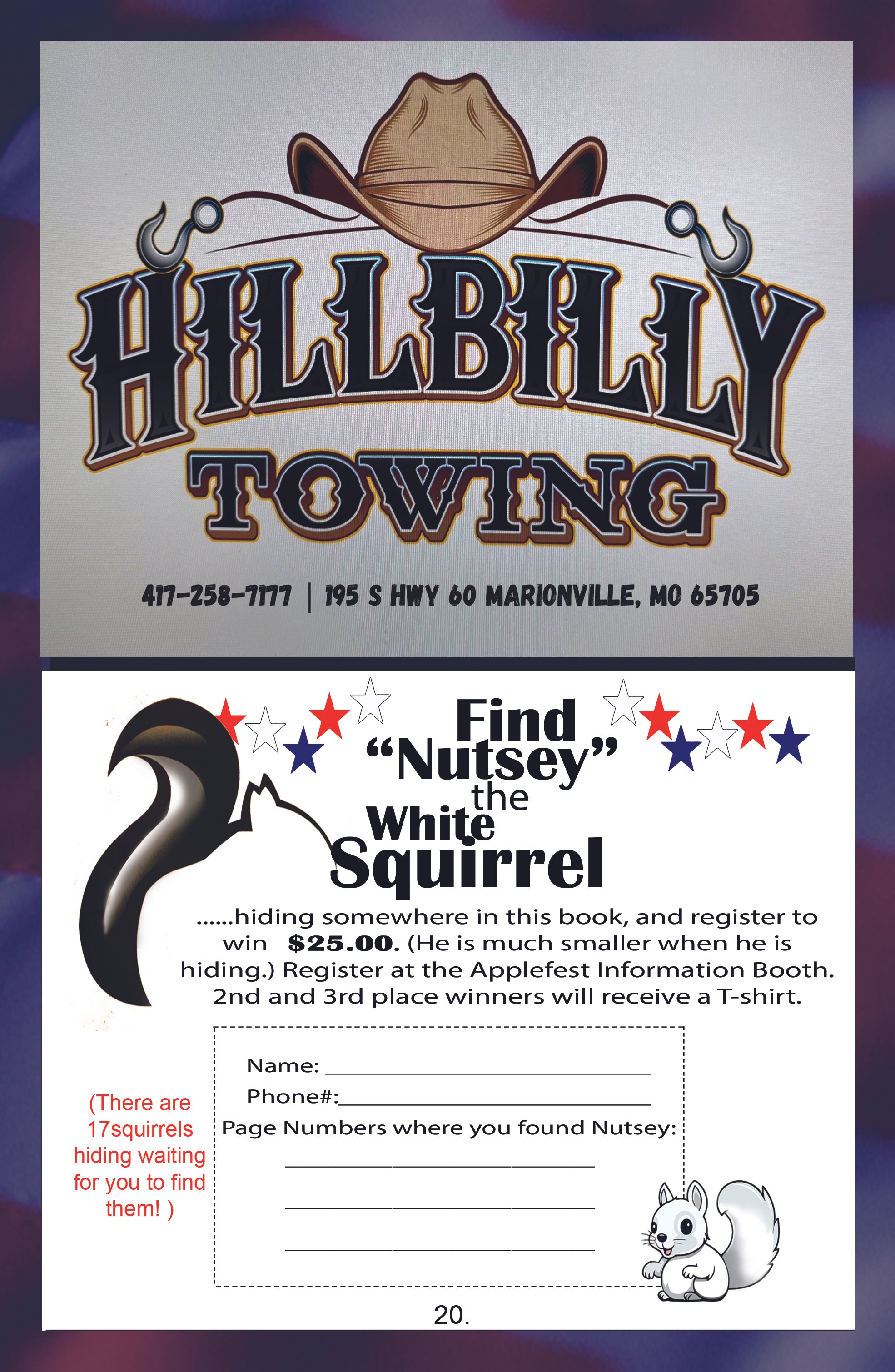 A hunting and towing company sign with a cowboy hat, hooks, and stars, and a separate hunting game sheet asking to find 'Nutsey' the White Squirrel hiding in the book, with instructions for a contest at a fair.