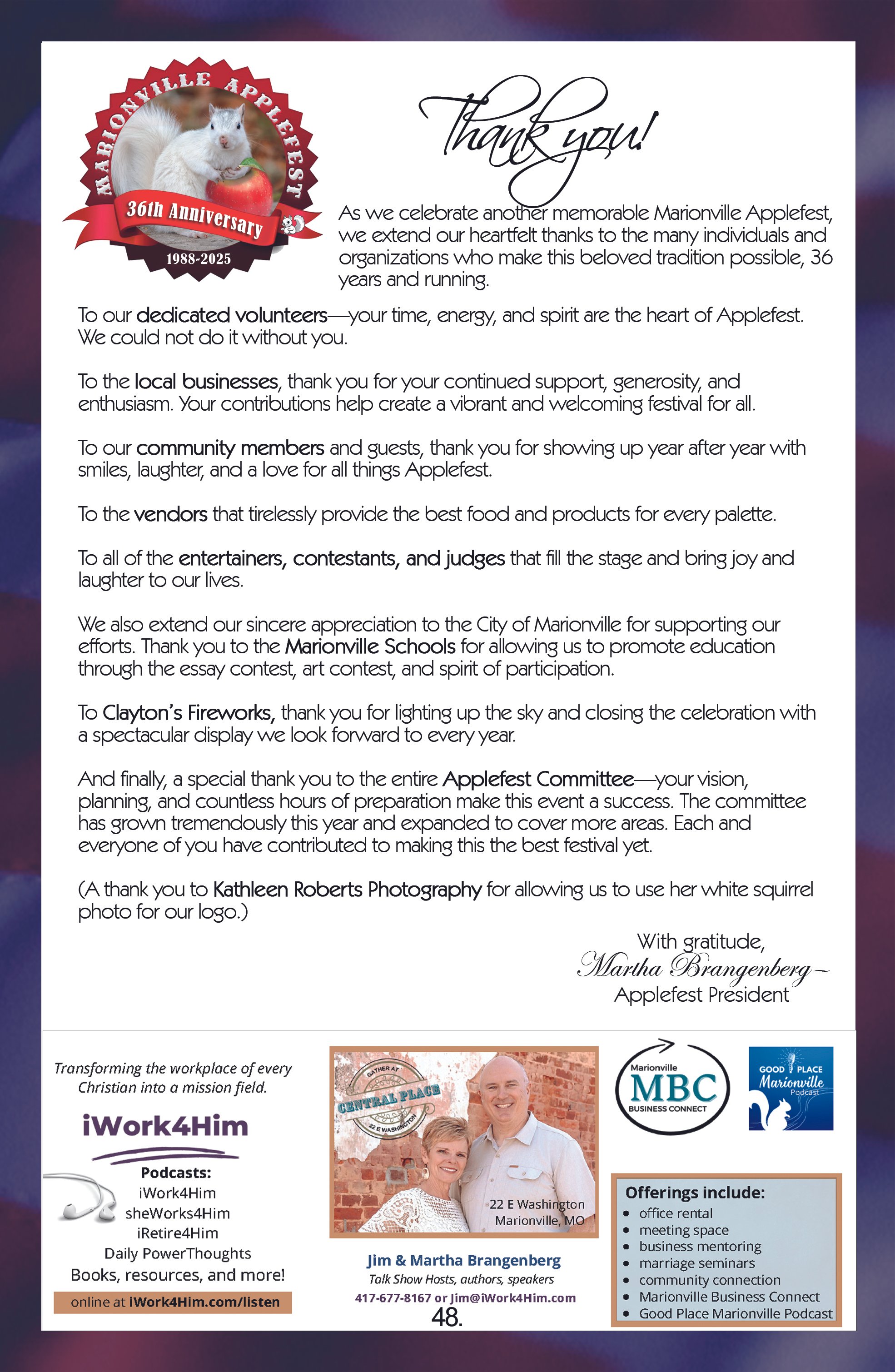 A thank you message for the 36th Marionville Appletfest, featuring a logo with a squirrel holding an apple and the text "Marionville Applefest 36th Anniversary 1988-2025." The message thanks volunteers, local businesses, community members, vendors, entertainers, contestants, judges, the City of Marionville, Marionville Schools, Clayton's Fireworks, and the Appletfest Committee. There is a photograph of Jim and Martha Brangenberg, hosts and speakers, at 22 E Washington, Marionville, MO, with their contact information. The bottom section advertises podcasts and offerings such as office rental, meeting space, business mentoring, marriage seminars, community connection, Marionville Business Connect, and the Marionville Podcast.