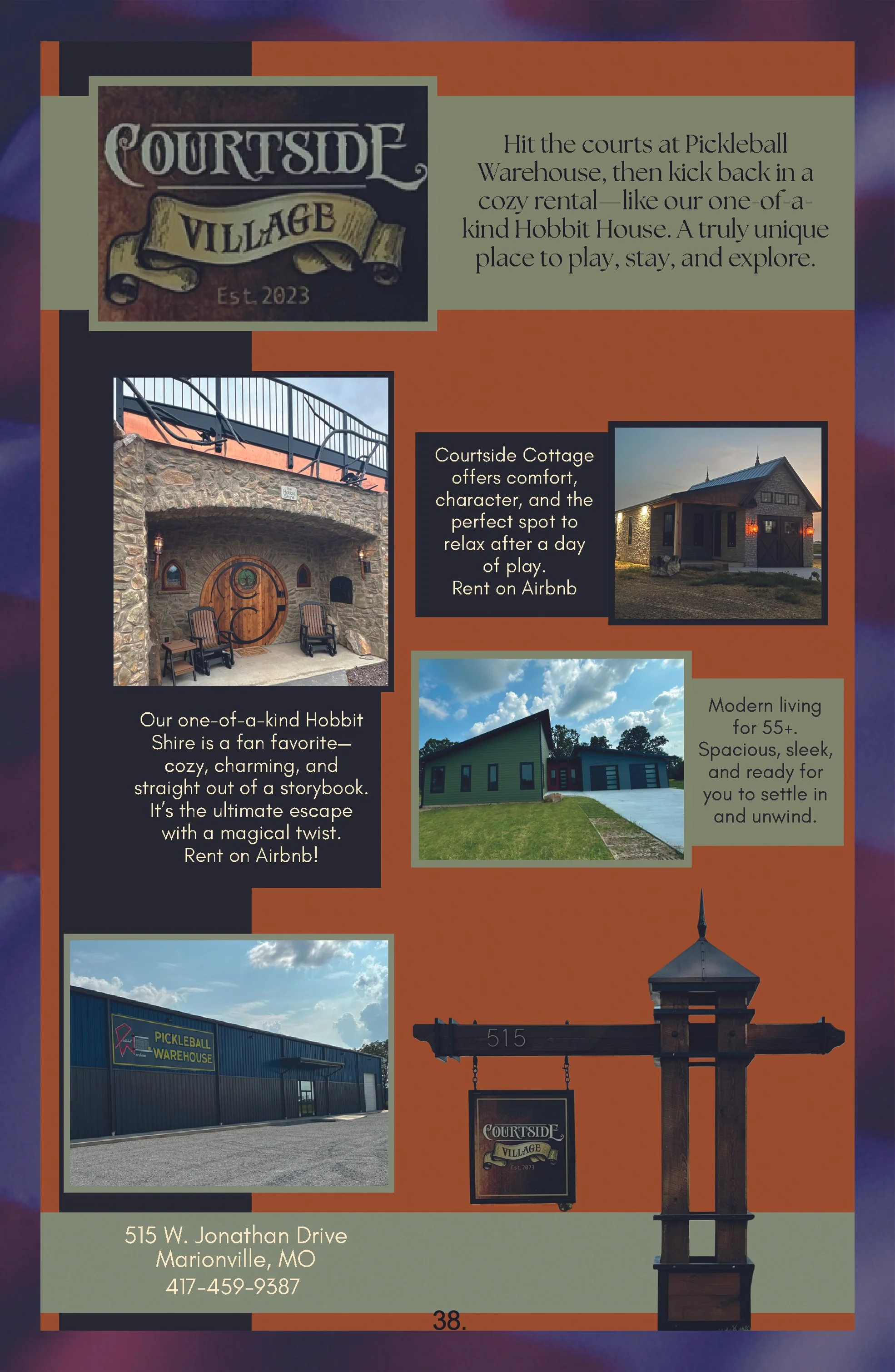 Brochure for Courtside Village showcases rental options including a cottage, Hobbit house, and modern living space, with images of each property, and contact information for 515 W. Jonathan Drive, Marionville, MO.