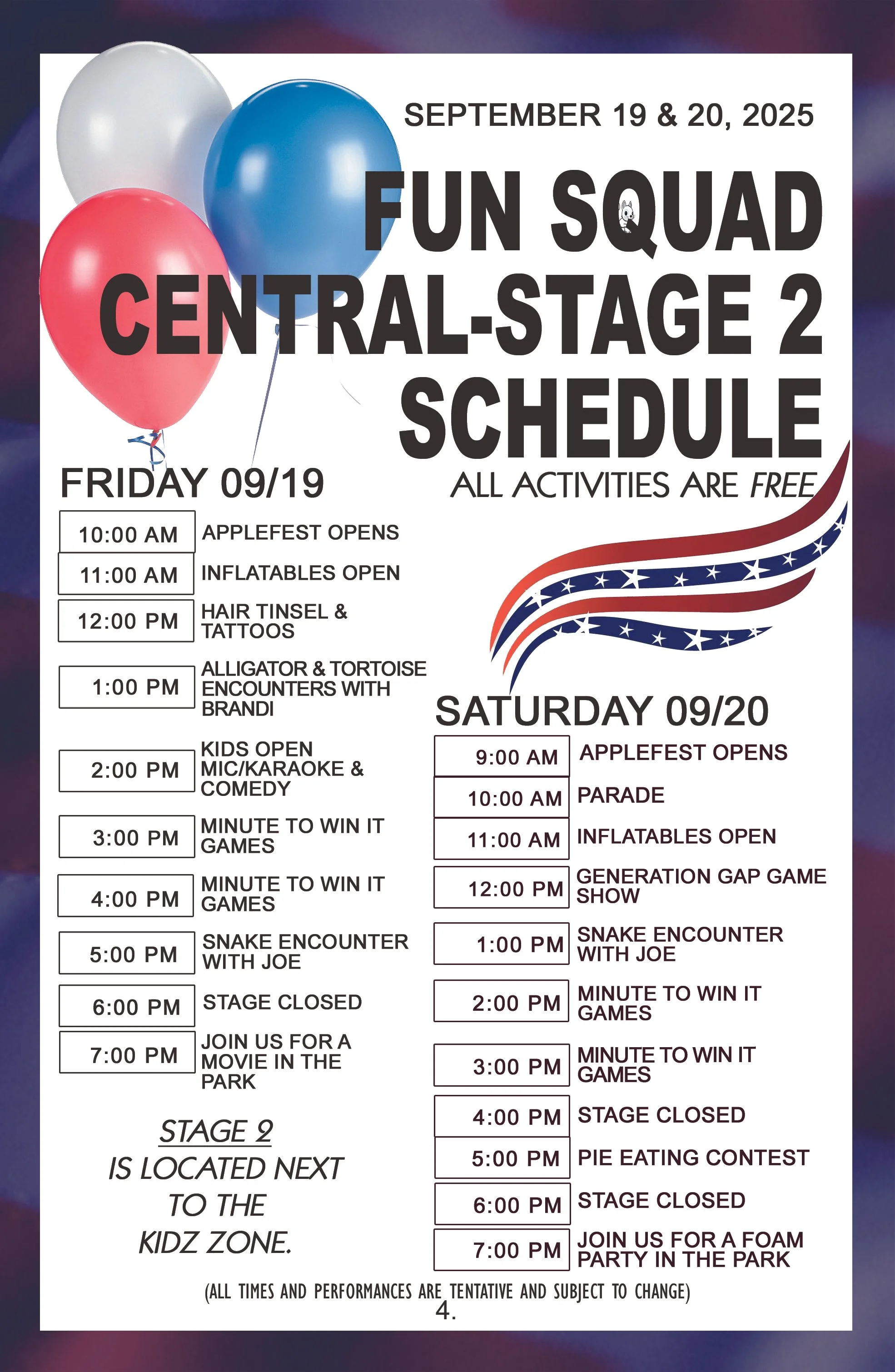Schedule for Fun Squad at Central-Stage 2 on September 19 and 20, 2025, listing the times and activities for each day, including openers, games, contests, a parade, and a foam party.