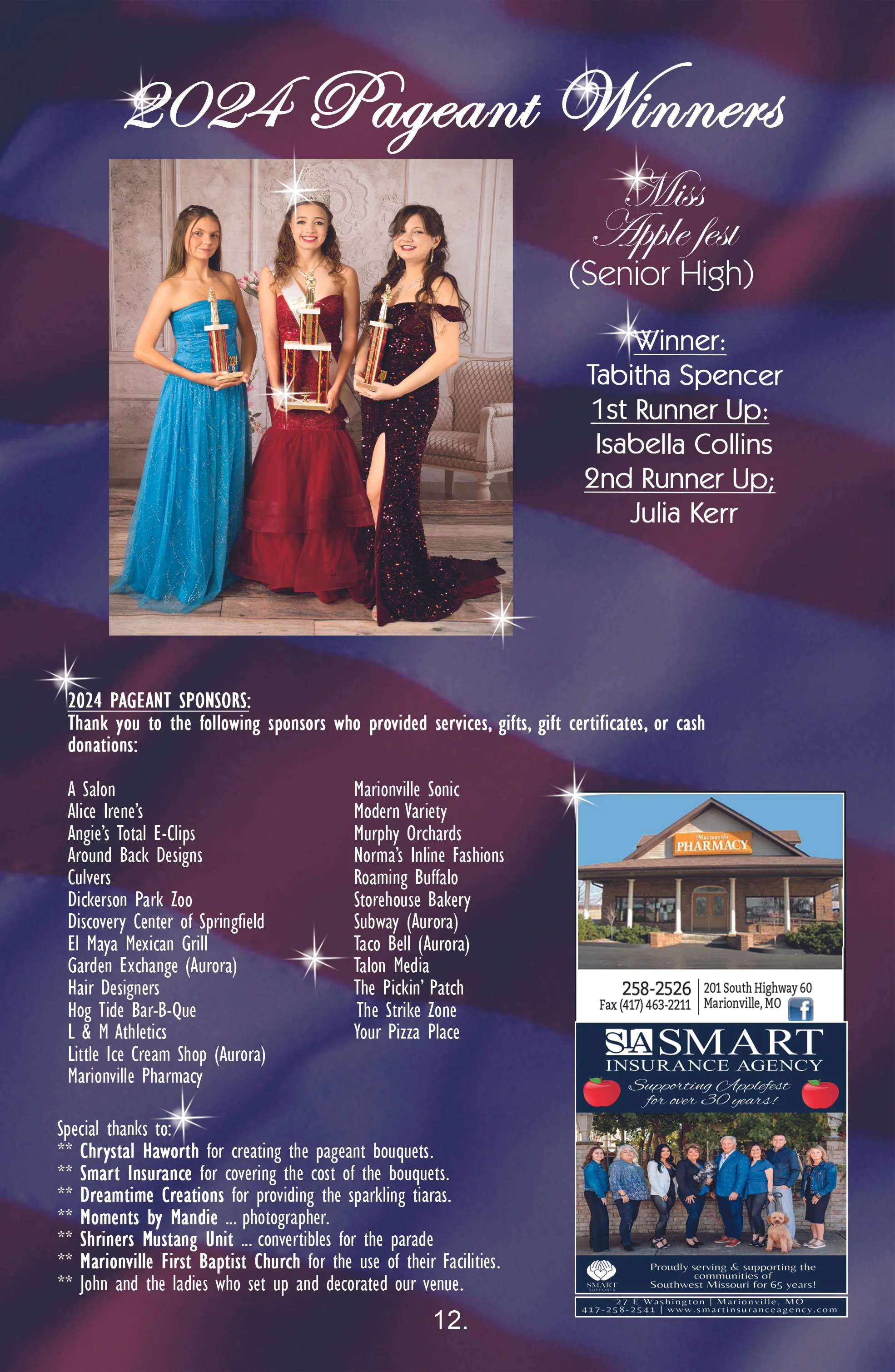 A page from a 2024 pageant program featuring three young women in evening gowns holding trophies, with the title '2024 Pageant Winners'. The page lists winners and sponsors, and includes advertisements for a pharmacy and an insurance agency.
