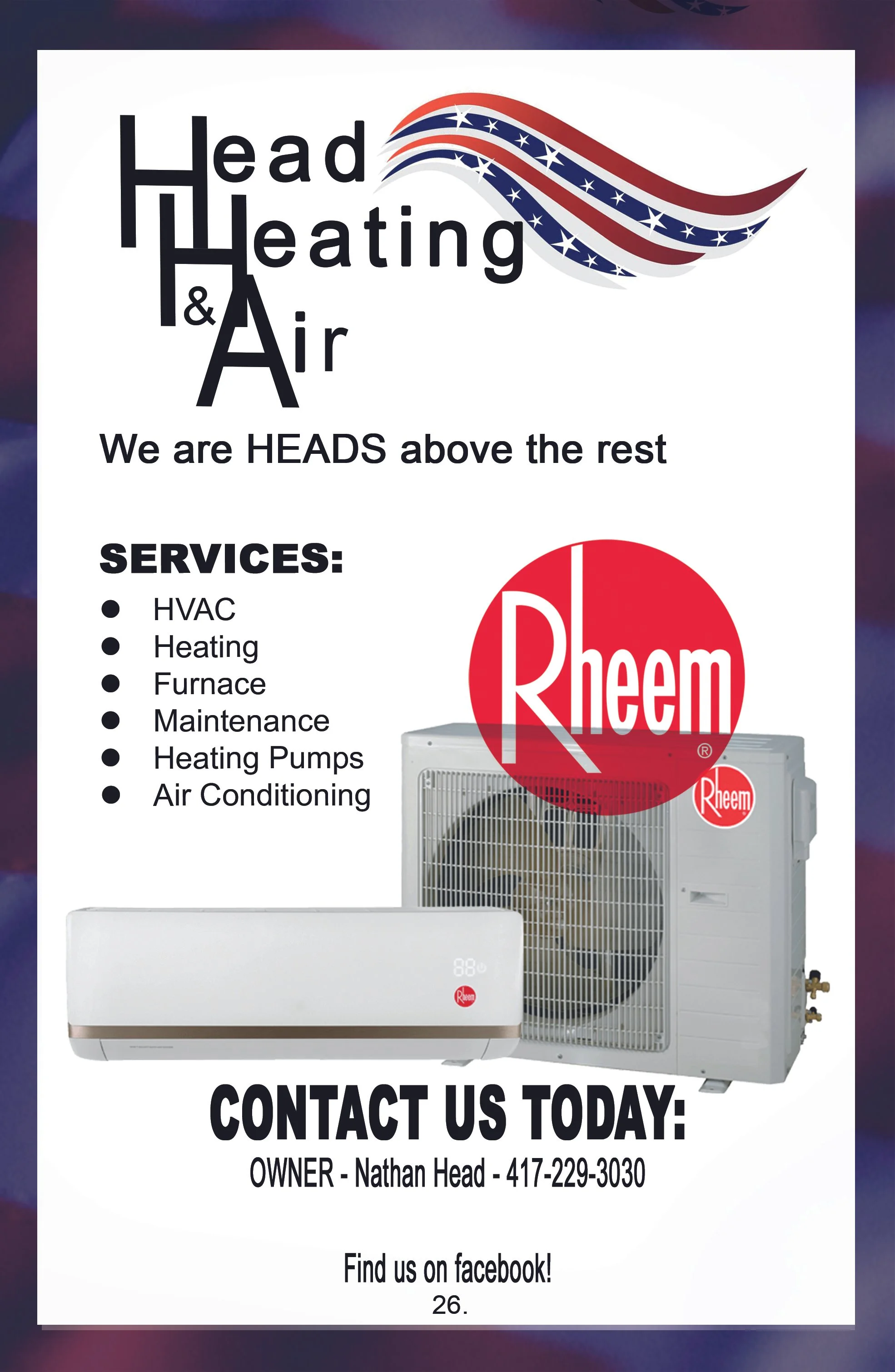 Advertisement for a heating and air conditioning service company featuring the logos of Rheem products, a list of services including HVAC, heating, furnace, maintenance, heating pumps, and air conditioning, and contact information for owner Nathan Head.
