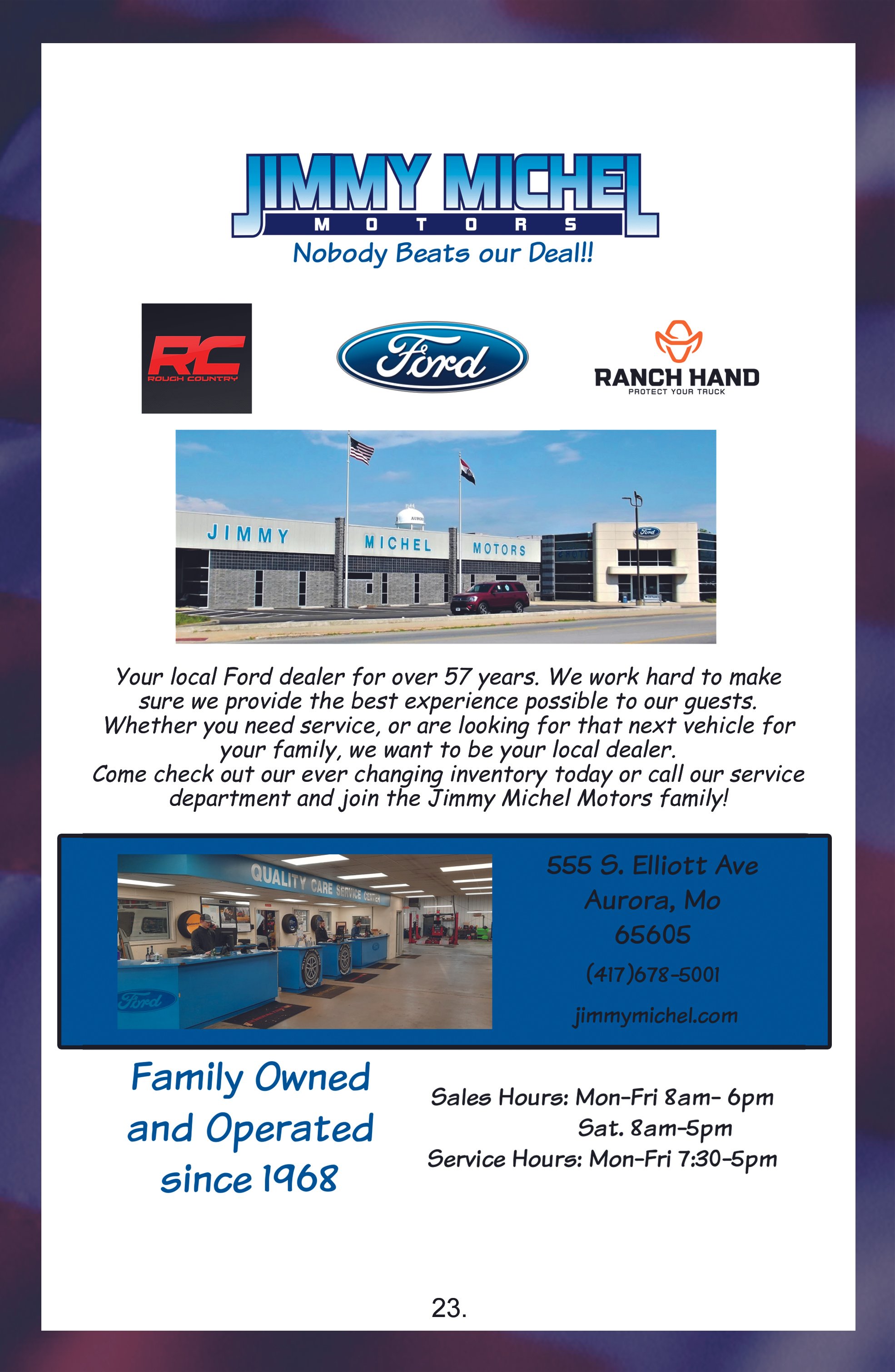 A flyer for Jimmy Michel Motors, a family-owned Ford dealership, featuring the dealership's building with flags, logos for RC and Ranch Hand, a photo of the dealership interior, and contact information including address, phone number, website, and business hours.