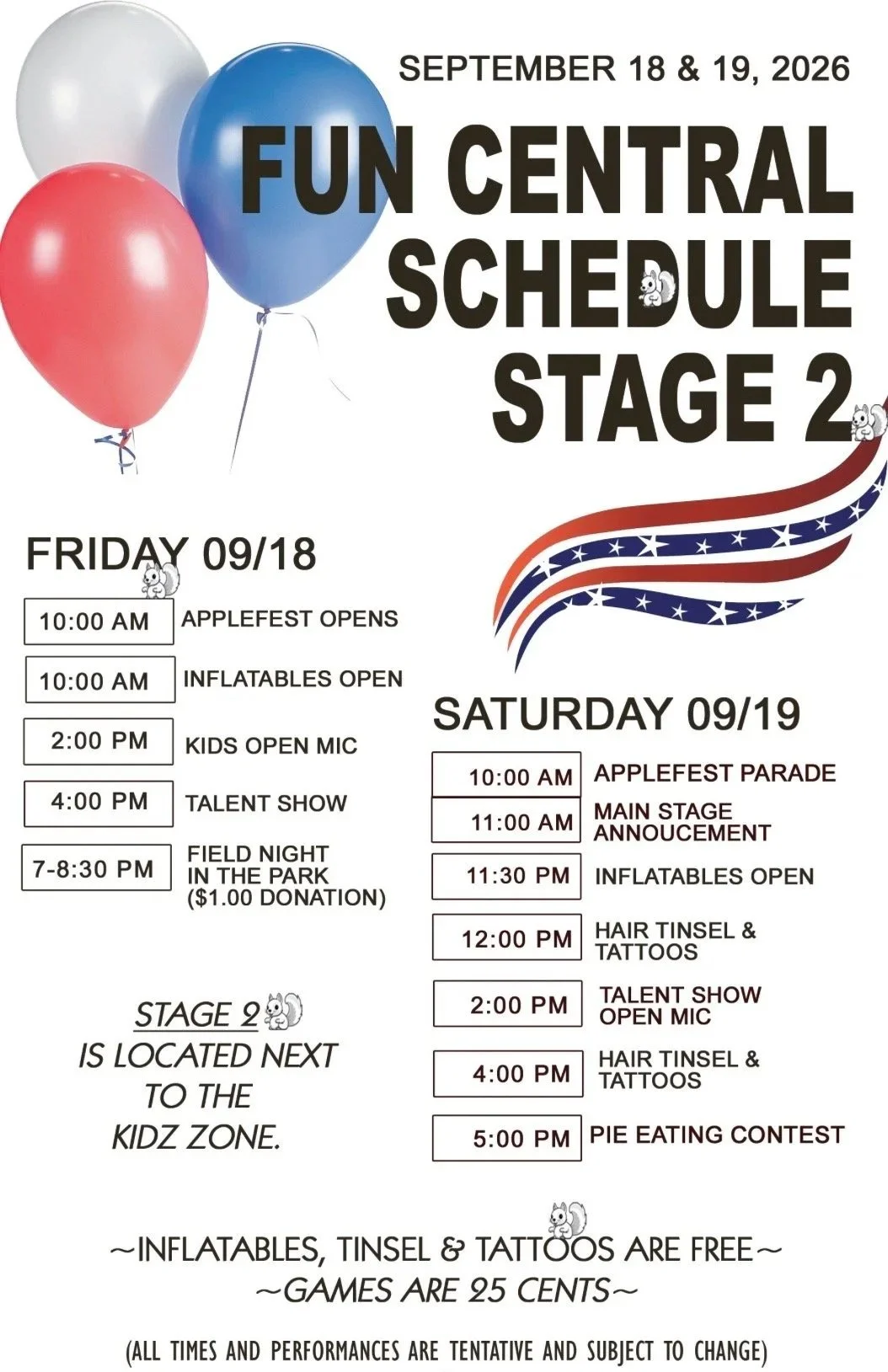 Event schedule poster for a community event on September 18 and 19, 2026, with balloons, patriotic decorations, and a schedule of activities including a parade, stage performances, inflatables, talent shows, and contests.