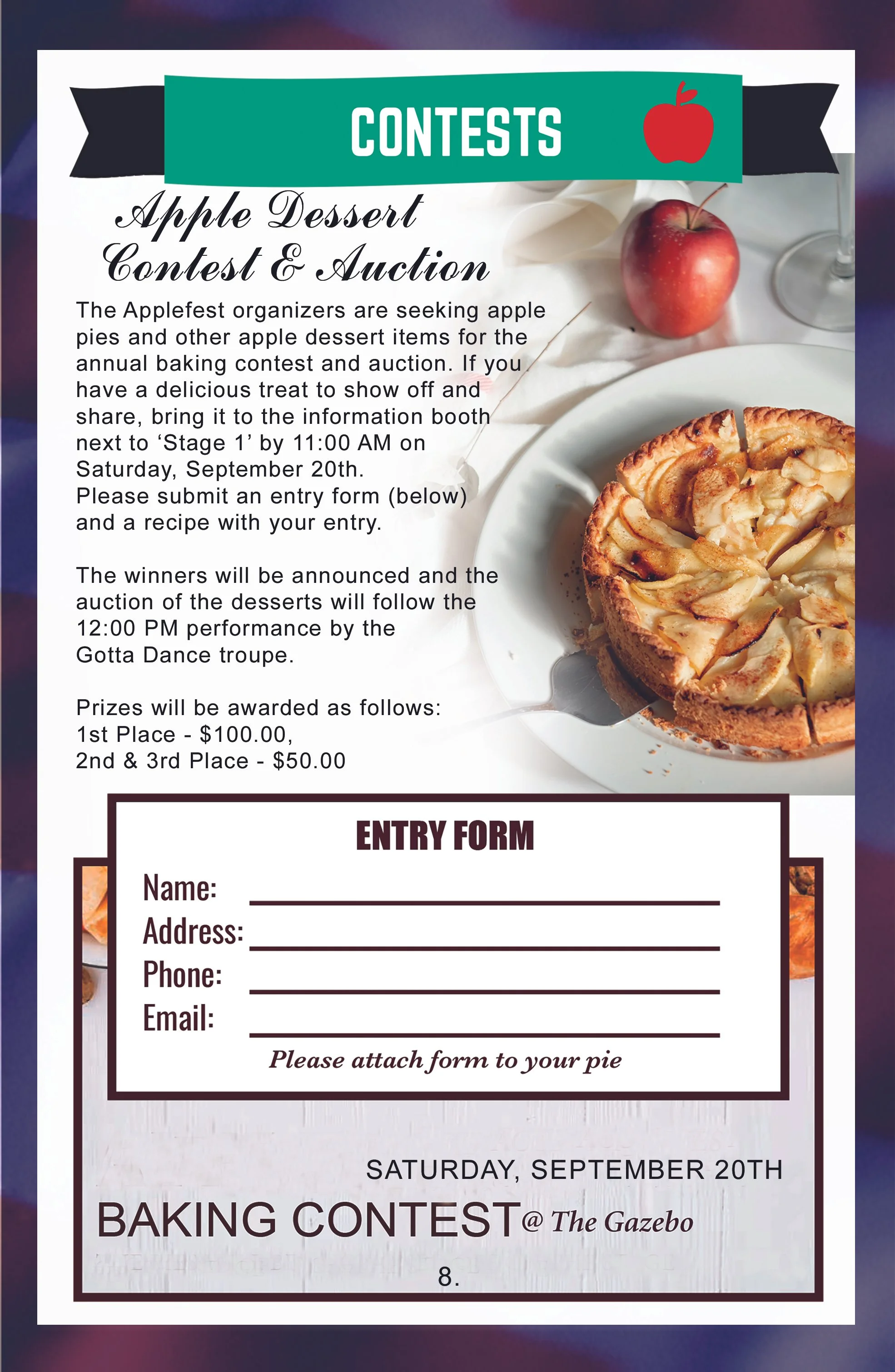 Flyer for apple dessert contest and auction, featuring an image of an apple and a sliced apple tart on a white plate.