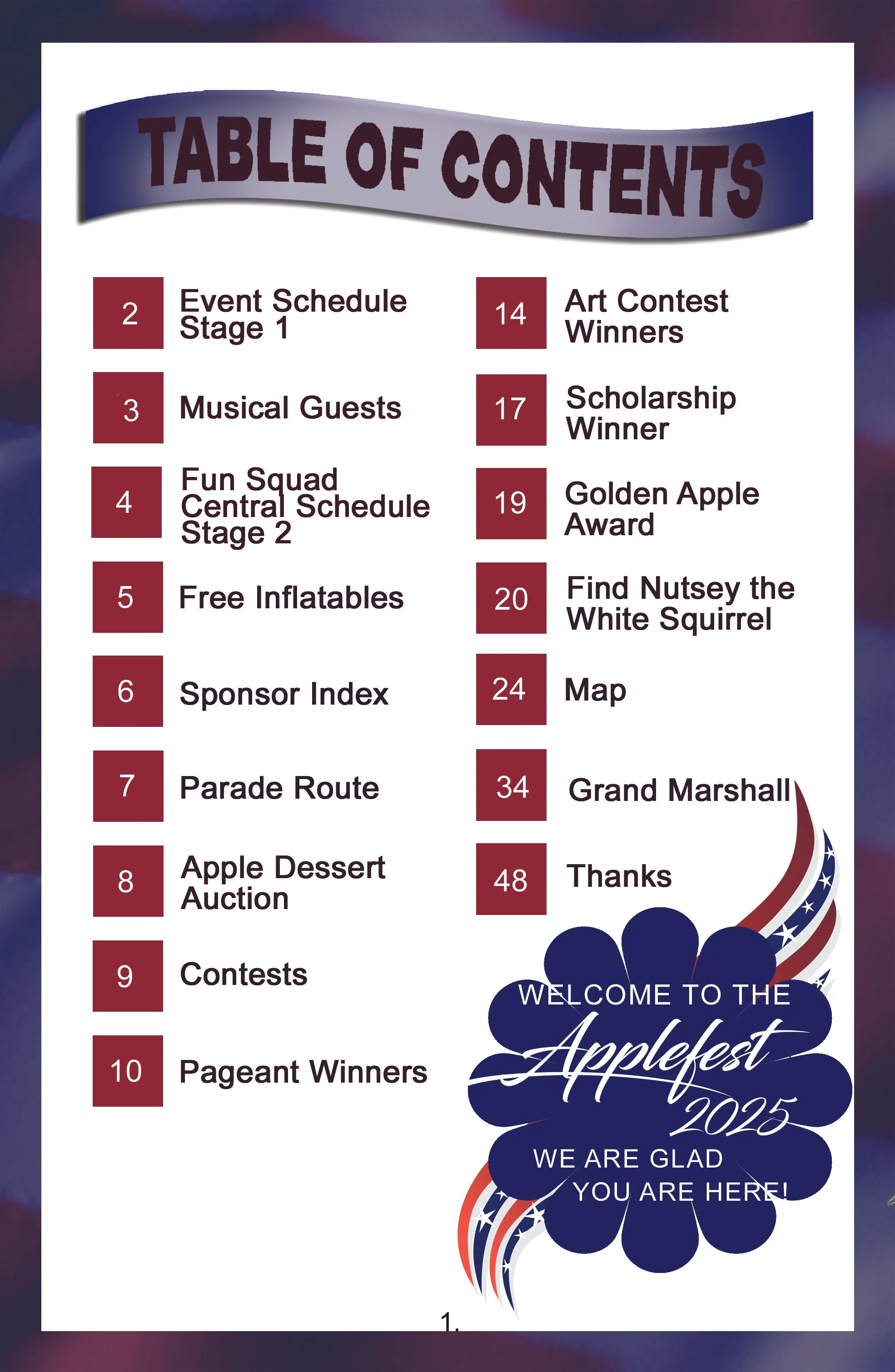 Event program for the 2025 Applest festival, featuring a table of contents with scheduled activities, awards, contests, and a welcome message.