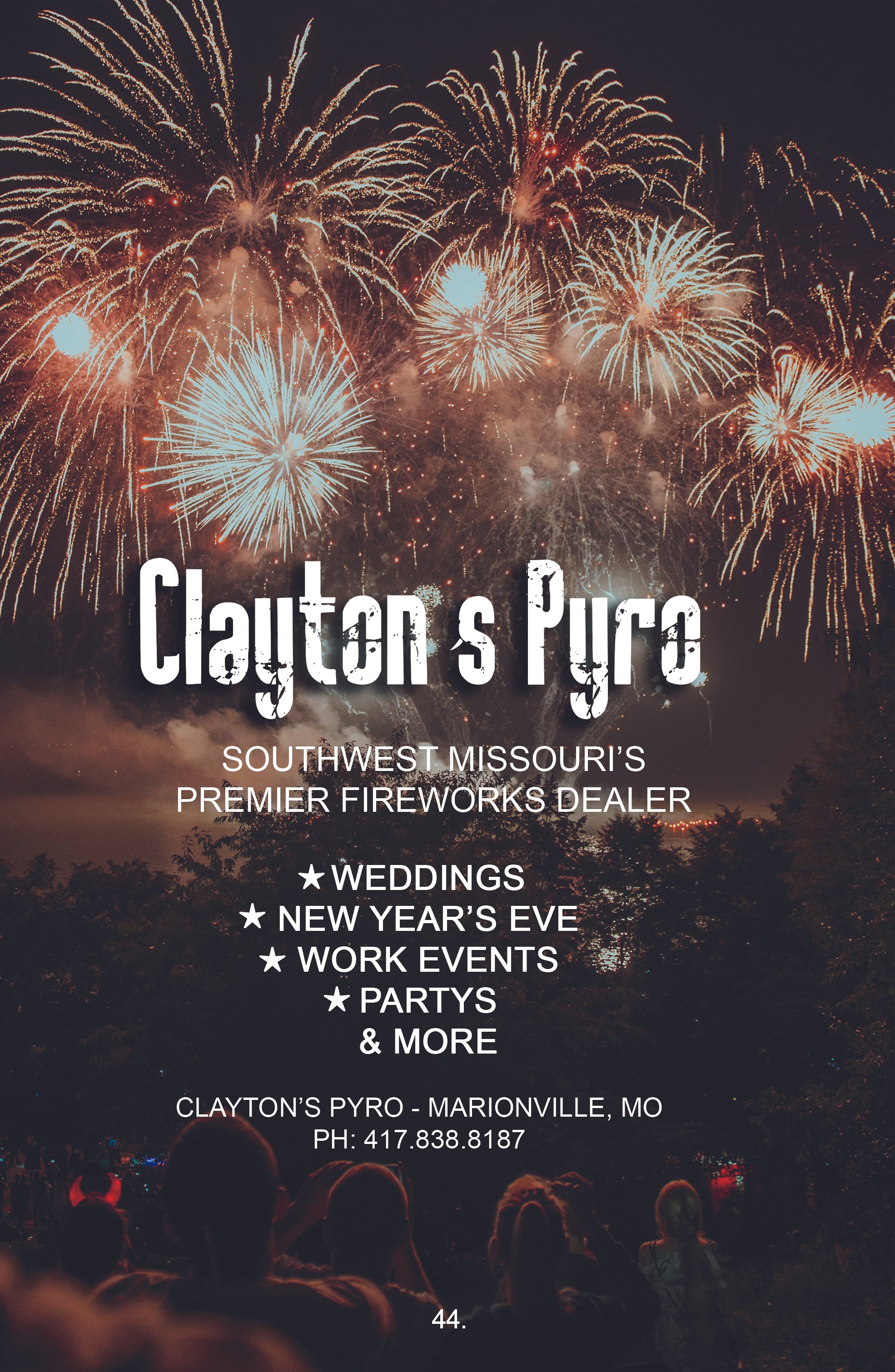 Fireworks display in the night sky with people watching at a celebration event, advertisement for Clayton's Pyro firework dealer in Marionville, Missouri.