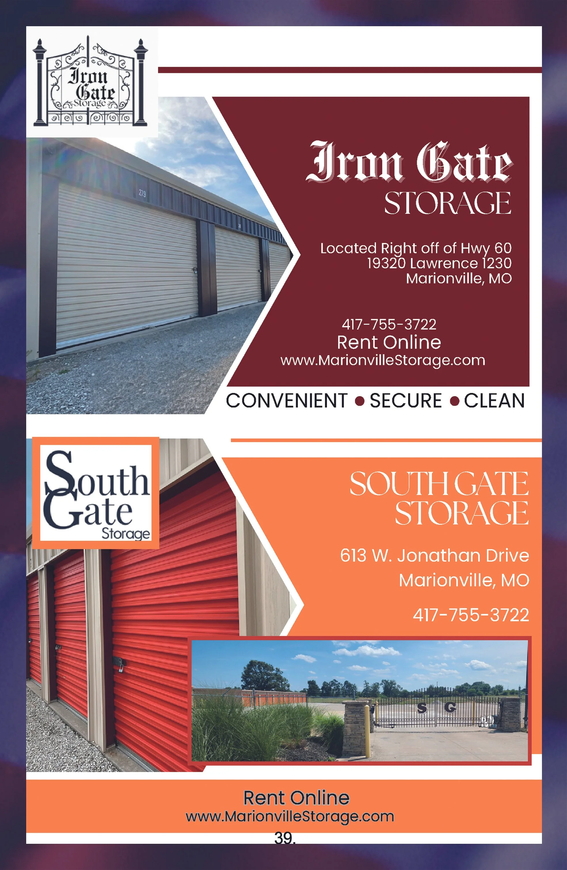 Business card or flyer advertising storage units from Iron Gate Storage and South Gate Storage in Marionville, Missouri. Features images of storage unit doors, contact information, and slogan highlighting convenience, security, and cleanliness.