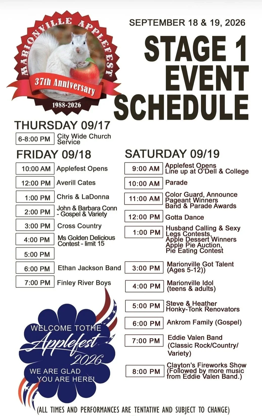 Event schedule for the Applefest 2026, celebrating its 37th anniversary, with activities scheduled for September 17th to 19th, 2026. The schedule includes performances, contests, and events at various times on each day.
