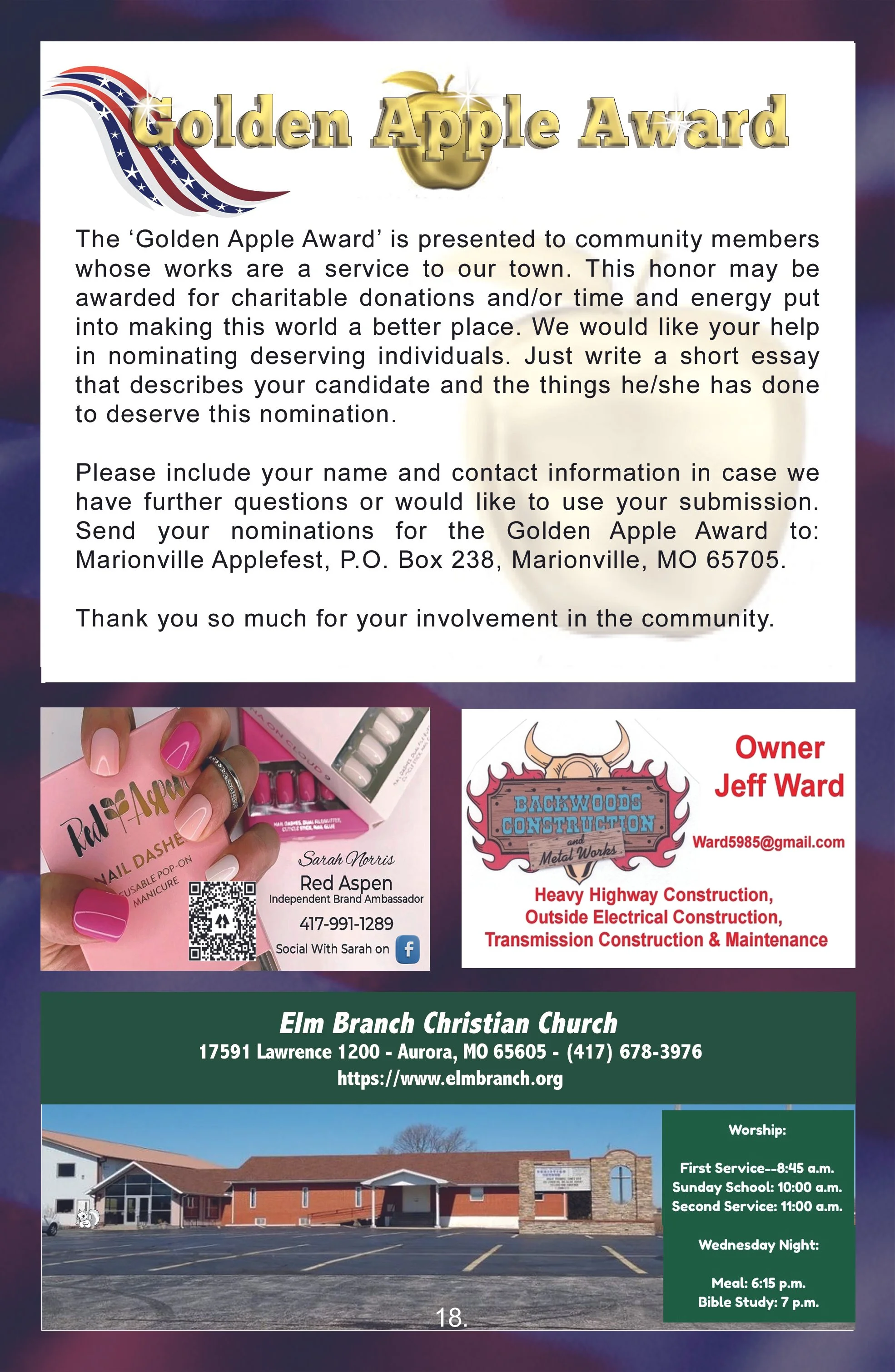 A flyer featuring information about the Golden Apple Award nomination process, a nail salon advertisement, a construction business contact info, and a church's service schedule with a photo of the church building.