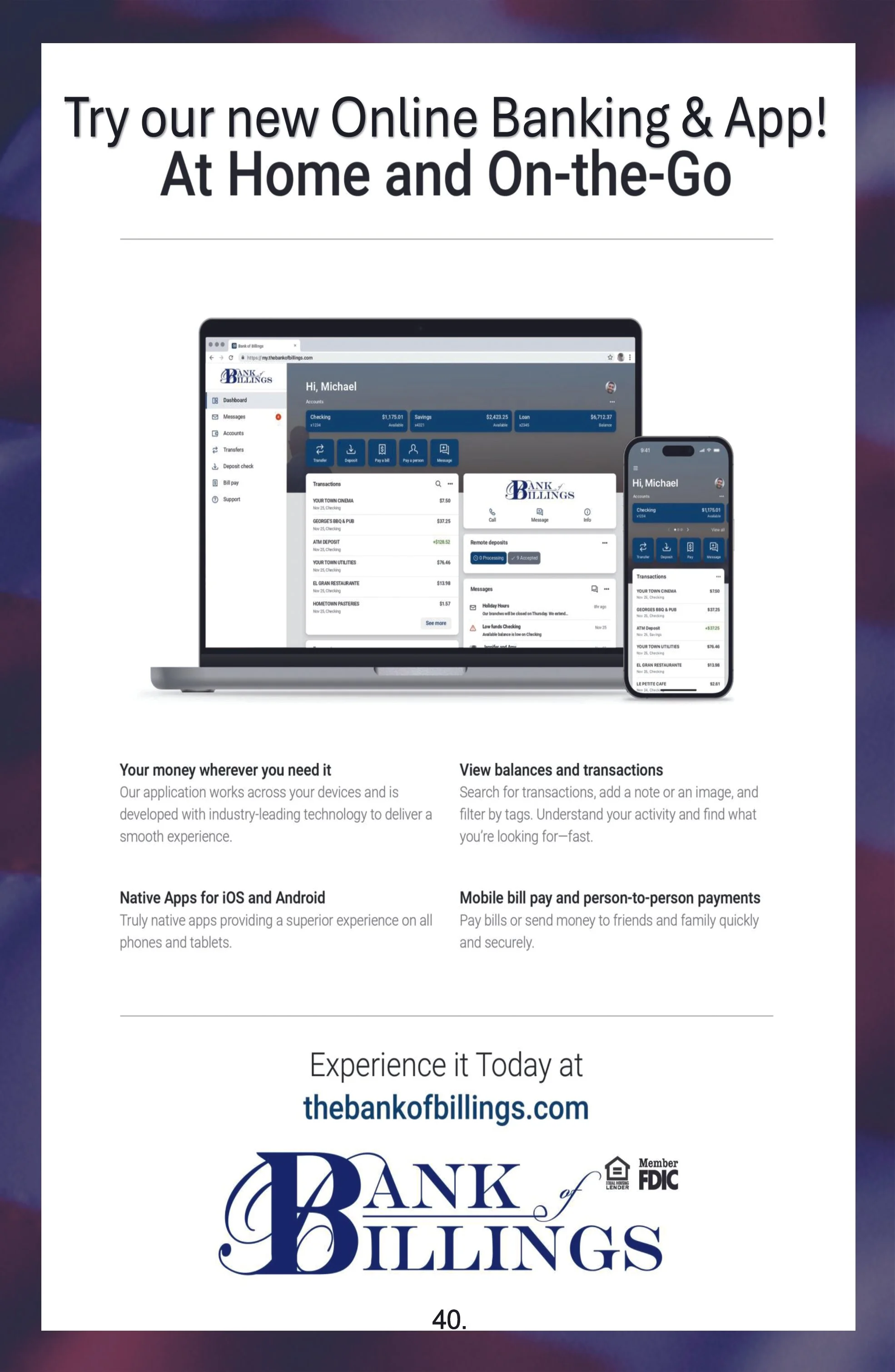 Advertisement for Bank of Billings online banking app featuring images of a laptop and smartphone displaying the app interface. The ad highlights features like mobile deposits, transactions, balance viewing, bill payments, and compatibility with iOS and Android devices.