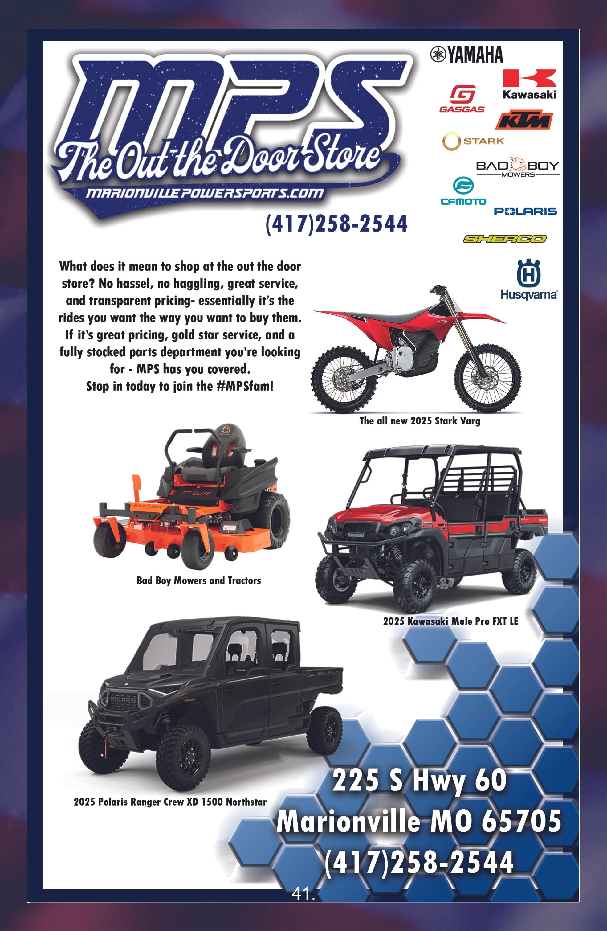 Advertisement for Marionville Powersports featuring motorcycles, Polaris Ranger, Kawasaki Mule, Bad Boy Mowers, and tractors, with contact information and brand logos.