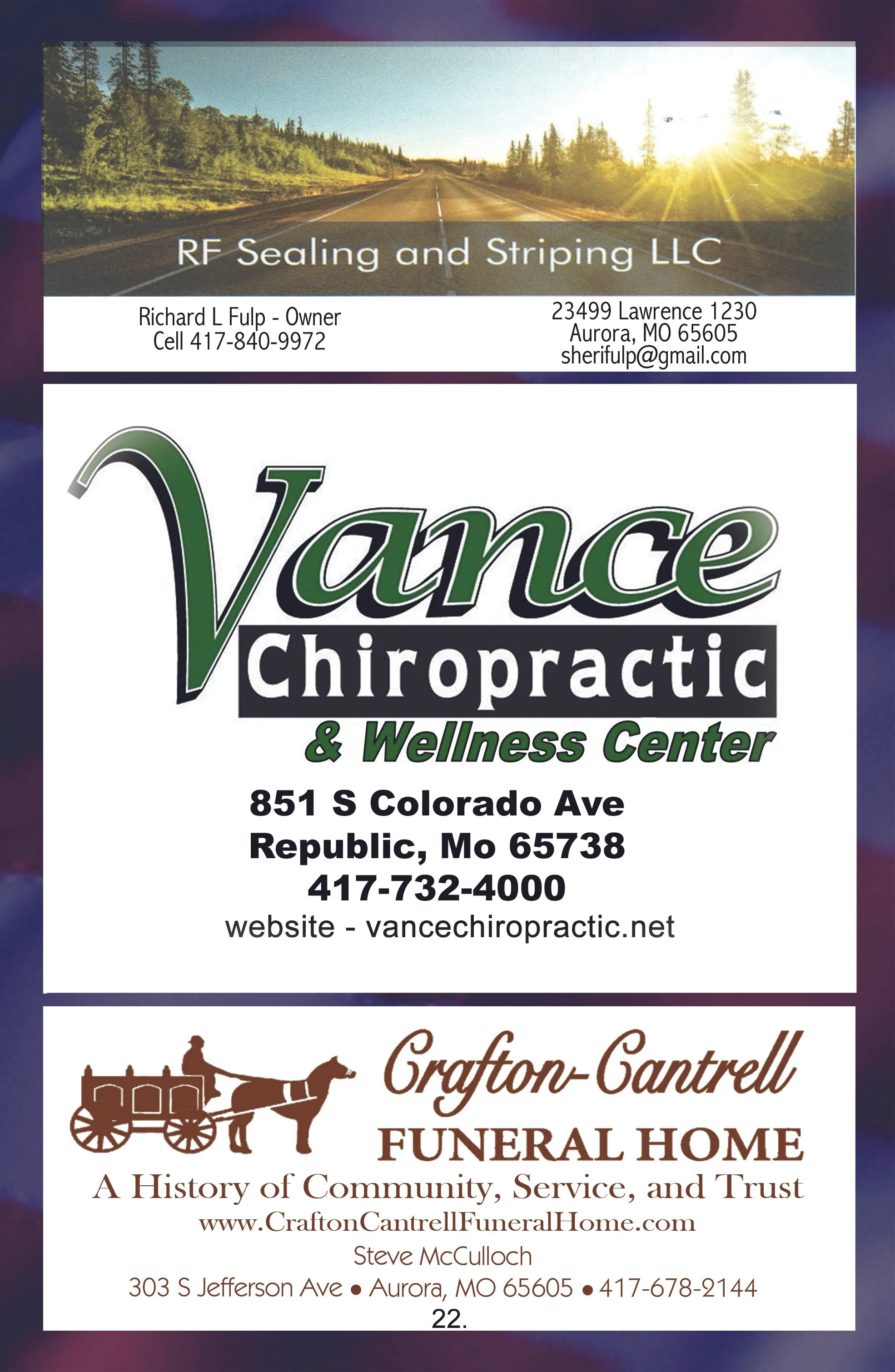 Business card featuring RF Sealing and Striping LLC, Vance Chiropractic & Wellness Center, and Crafon-Cantrell Funeral Home, with contact details and logos for each business.