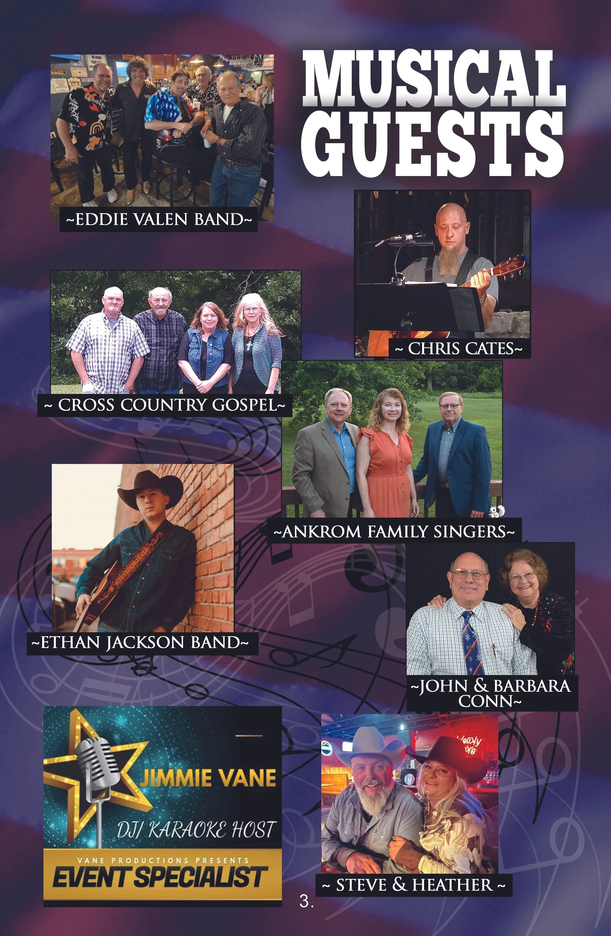 Event poster featuring musical guests with photos of bands and performers, including Eddie Valen Band, Cross Country Gospel, Chris Cates, Ankrom Family Singers, Ethan Jackson Band, John & Barbara Conn, Jimmie Vane DJ Karaoke Host, and Steve & Heather, set against a purple background with musical notes.
