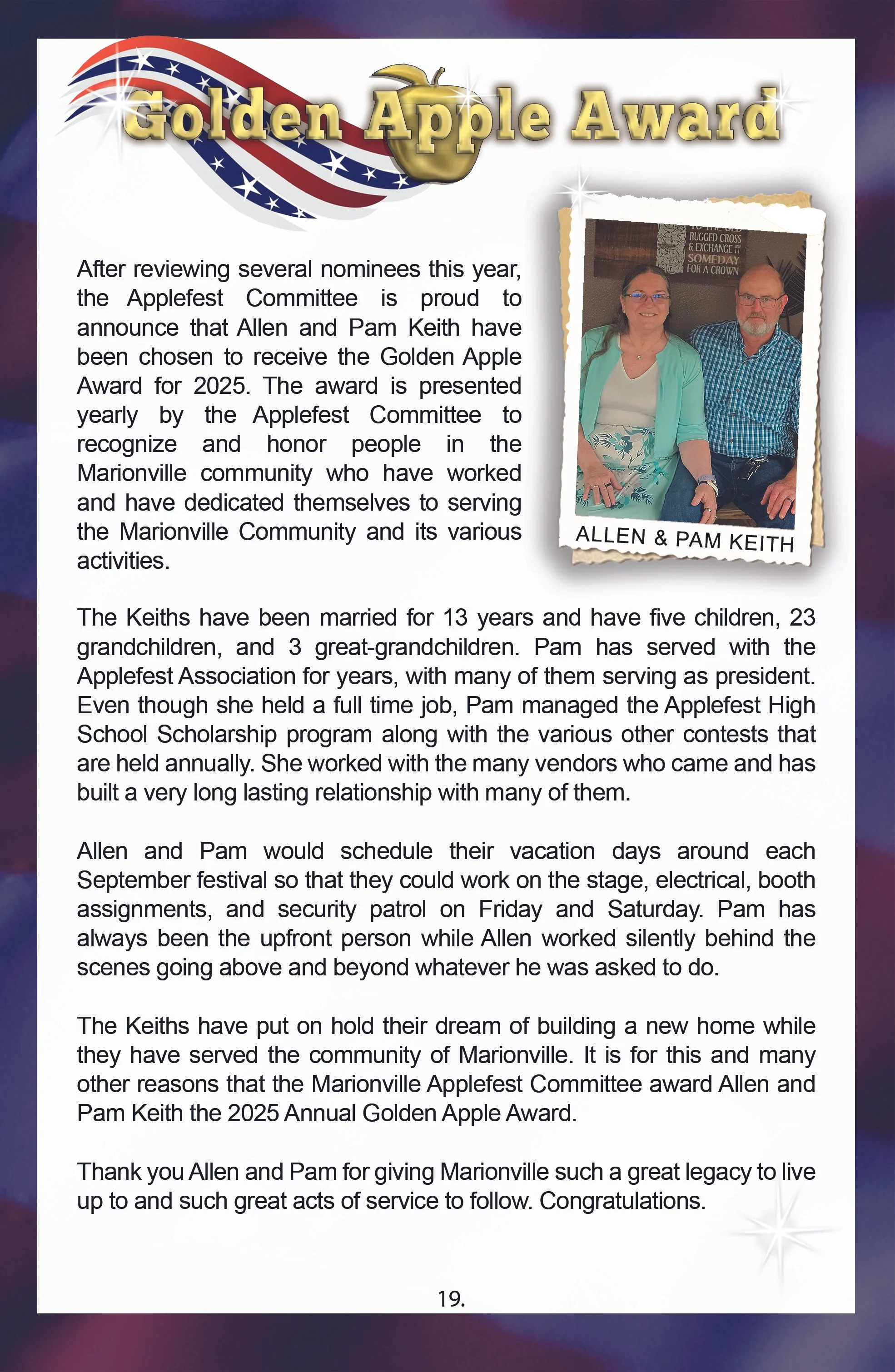 Page about the 2025 Golden Apple Award for Allen and Pam Keith, with a photo of the couple, and text describing their contributions to the Marionville community.