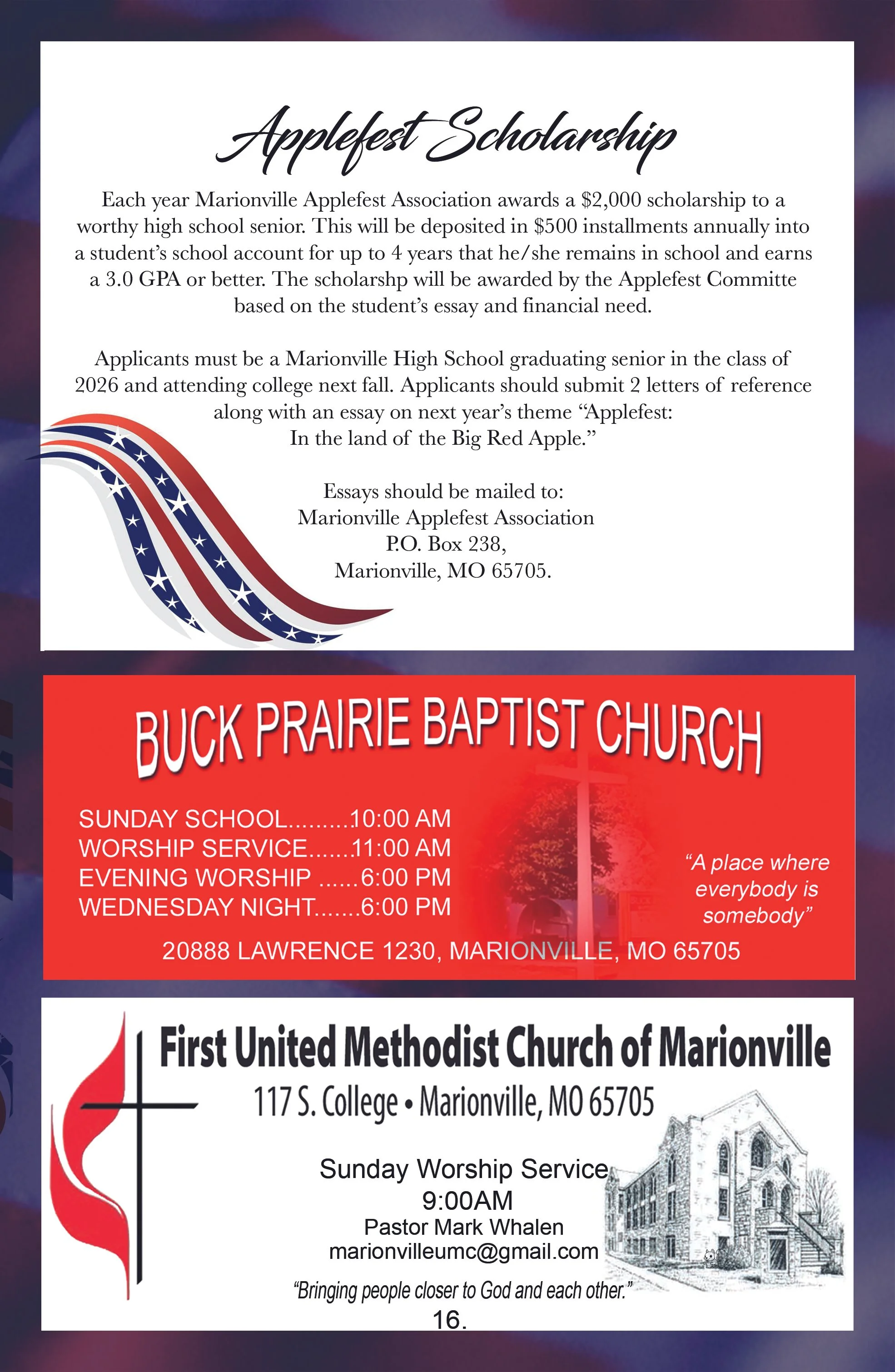 A flyer with two sections. The top section promotes an Applefest Scholarship for Marionville High School seniors, with details on eligibility, application process, and contact information. The bottom section advertises services from Buck Prairie Baptist Church and First United Methodist Church of Marionville, including service times, locations, and contact details.