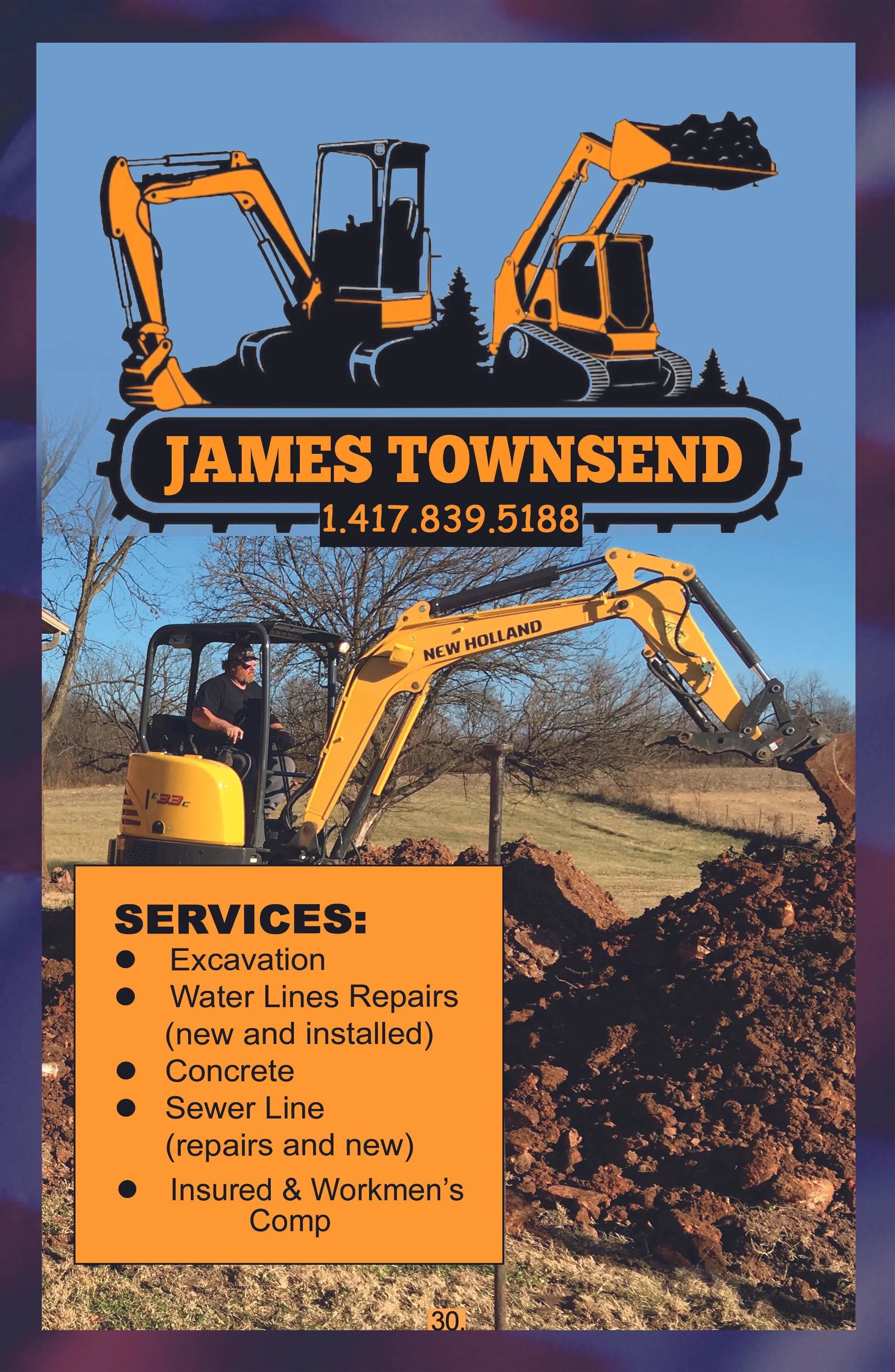 Flyer advertising James Townsend's excavation services, including an illustration of construction vehicles at the top, a photo of a person operating an excavator in a field, and a text box listing services such as excavation, water line repairs, concrete, sewer line repairs, and workman's compensation.