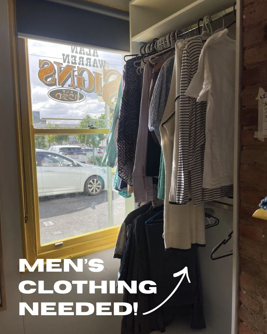 As you can see from our guest wardrobe, we&rsquo;re currently low on men&rsquo;s clothing.

With the weather getting cooler, access to warm, practical clothing is becoming more important for those doing it tough.

We&rsquo;re well stocked on women&rs