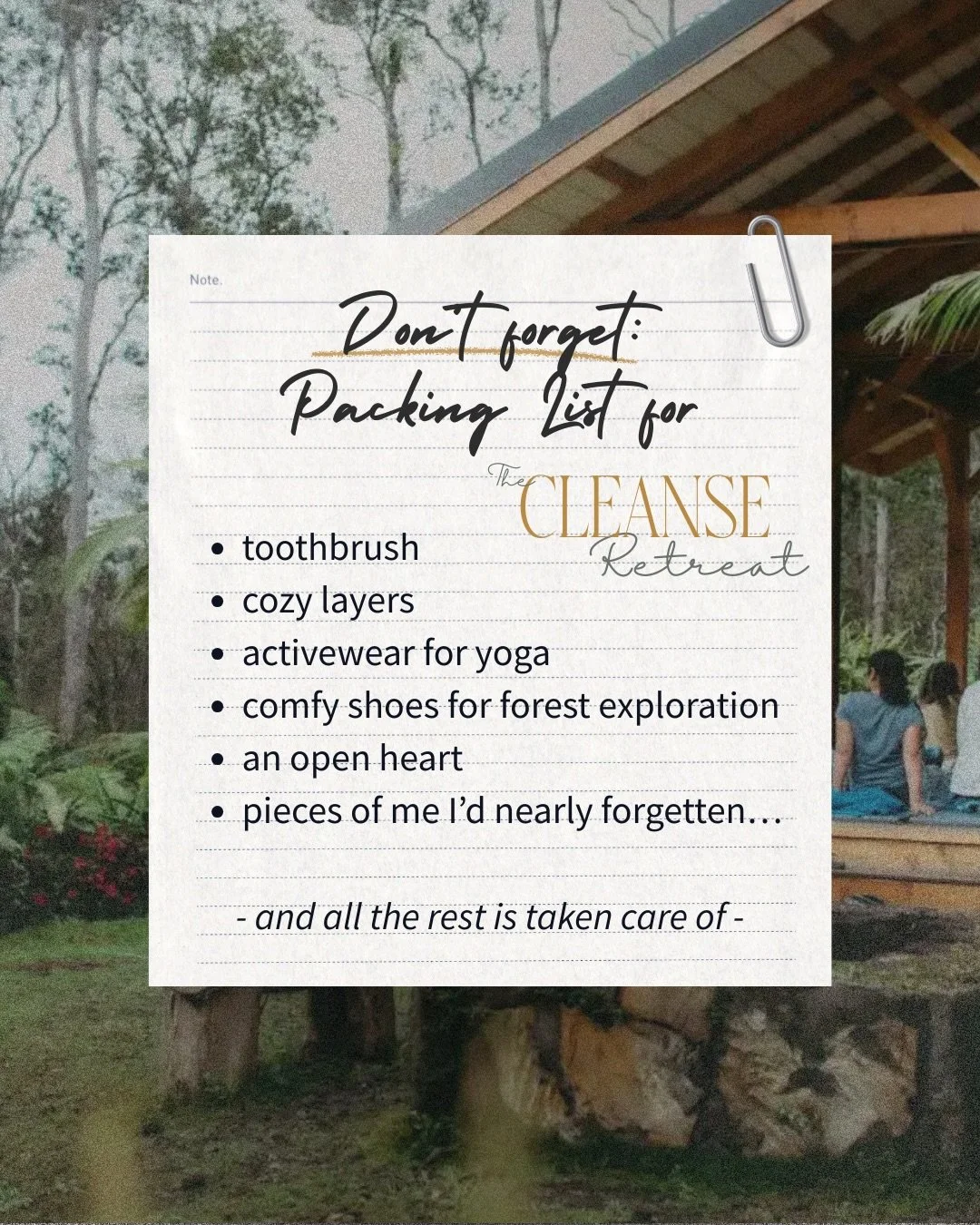 Everything you need is waiting for you in this all-inclusive retreat.

All you need to do is come to the cloud forest and be present.

The forest air will heal you.

The women&rsquo;s circles will revive you.

The Reiki meditations will reconnect you