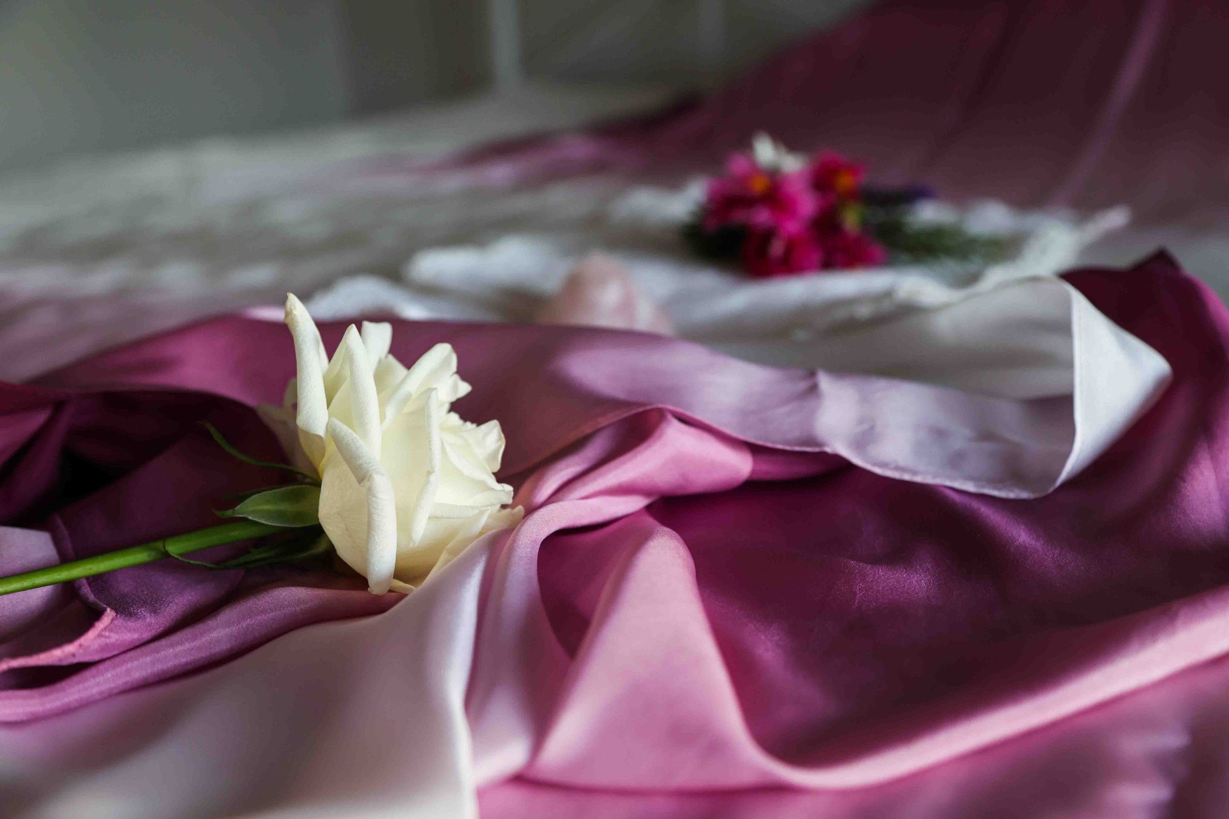 White rose on pink silk fabric, with blurred flowers in the background.