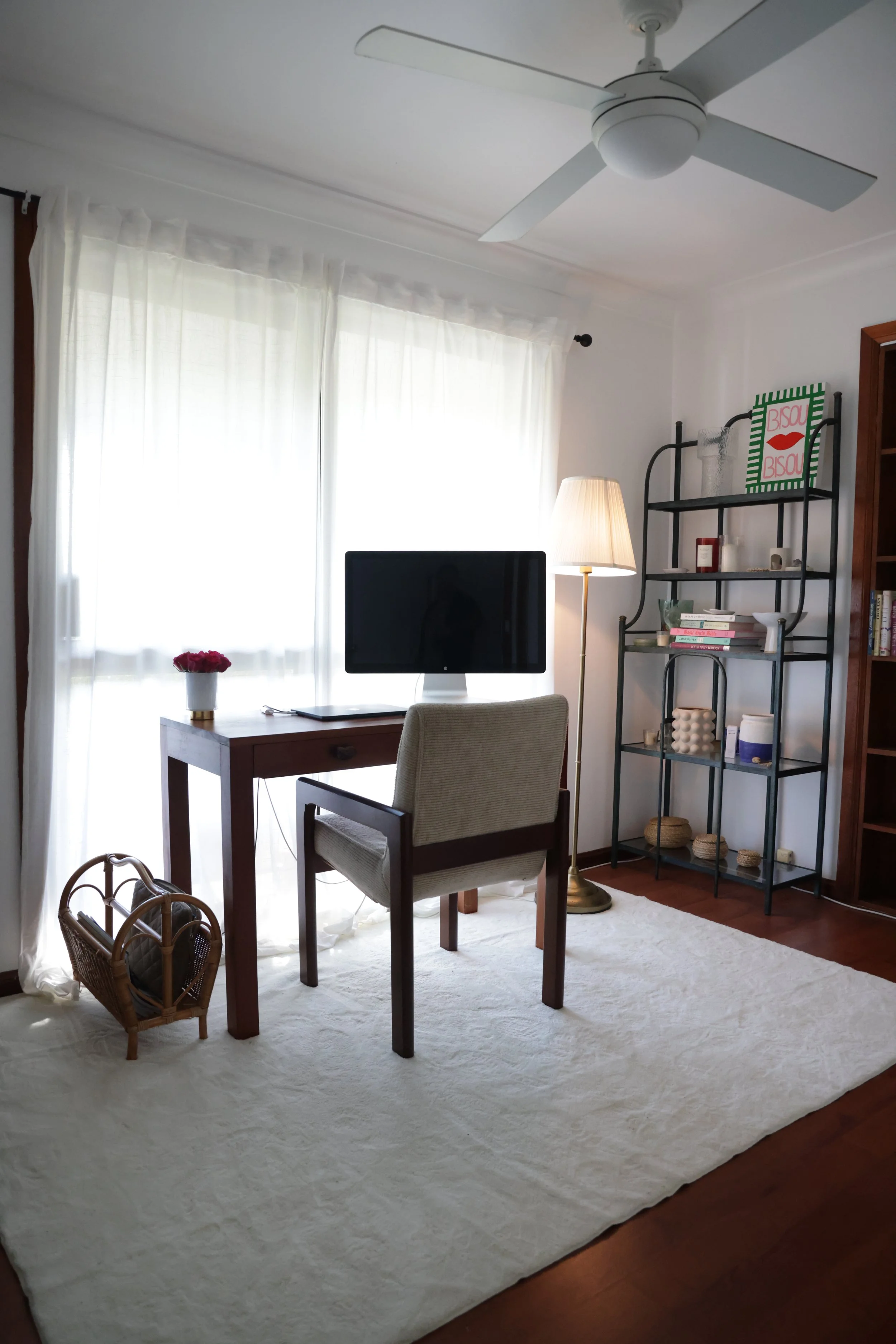 Home office styled by Sabrina Talo Studios in a Bangalow home featuring a calm, functional workspace with natural textures and contemporary furnishings.