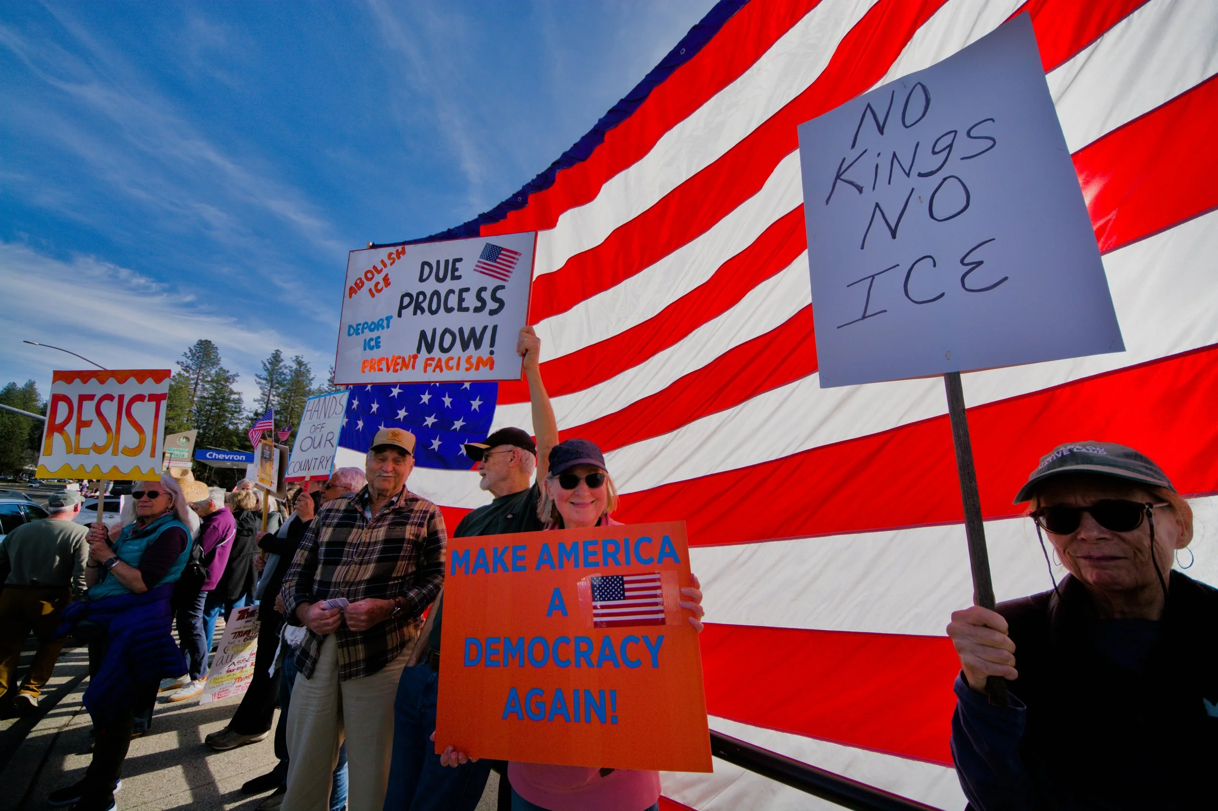 People holding protest signs in front of a large American flag at a rally, including messages like 'Resist,' 'No Kings No Ice,' and 'Make America a Democracy Again.'