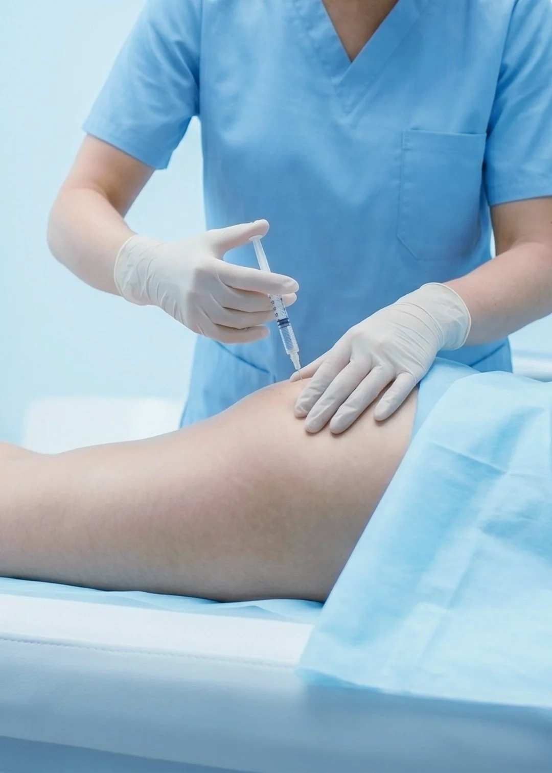 A medical professional in blue scrubs and gloves administering an injection into a patient's thigh using a syringe in a clinical setting.