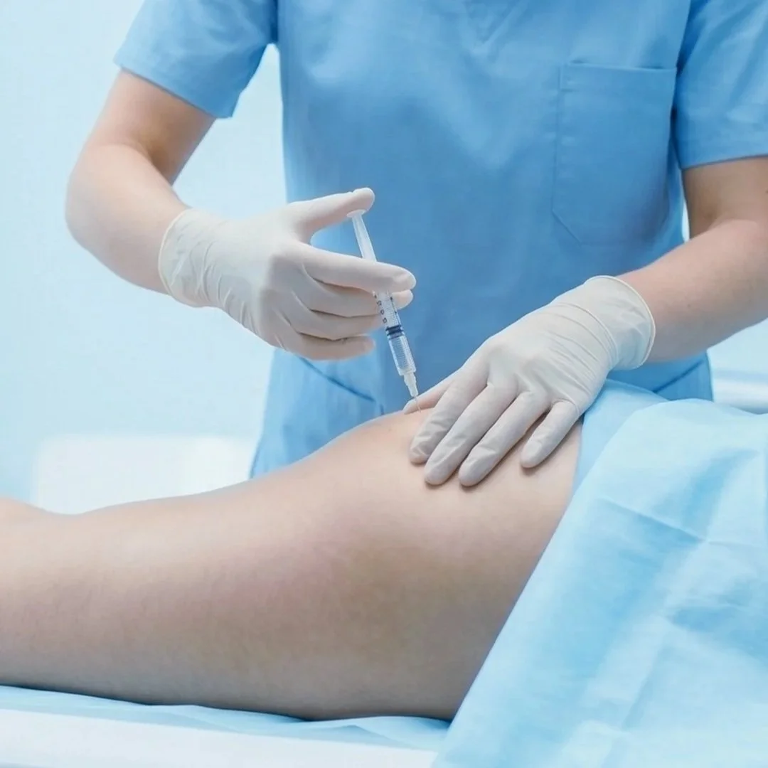 Medical professional administering an injection into a patient's arm.
