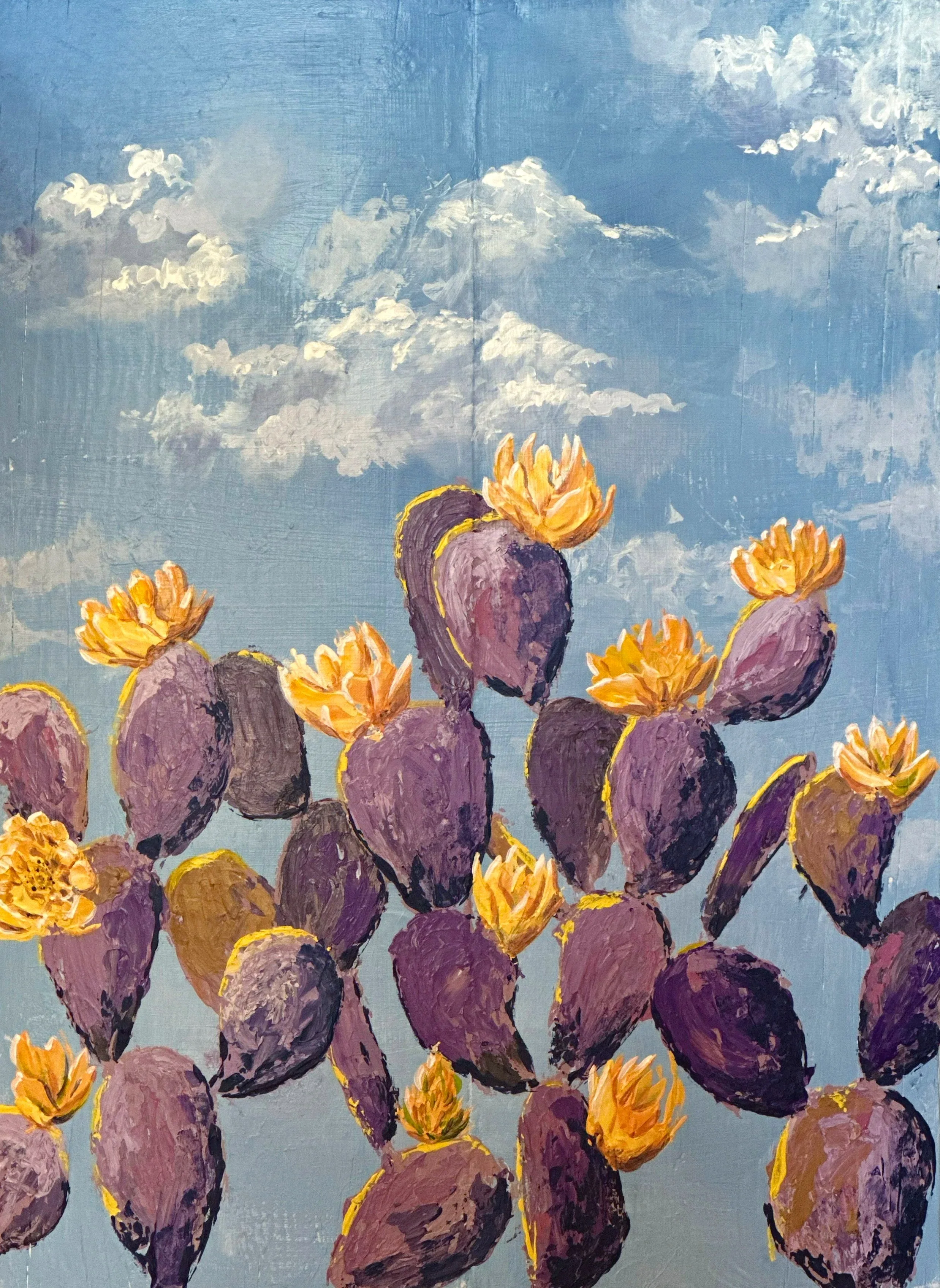 "Purple Prickly Pears and Sky", 22"x34" Acrylic on reclaimed wood