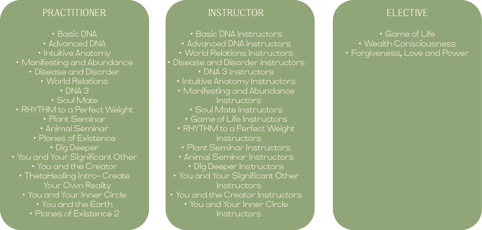 Three columns of course categories: Practitioner, Instructor, and Elective. Practitioner includes courses like Basic DNA, Intuitive Anatomy, and Soul Mate. Instructor includes Basic DNA Instructors, Intuitive Anatomy Instructors, and Game of Life Instructors. Elective includes Game of Life and Wealth Consciousness. Light green background.