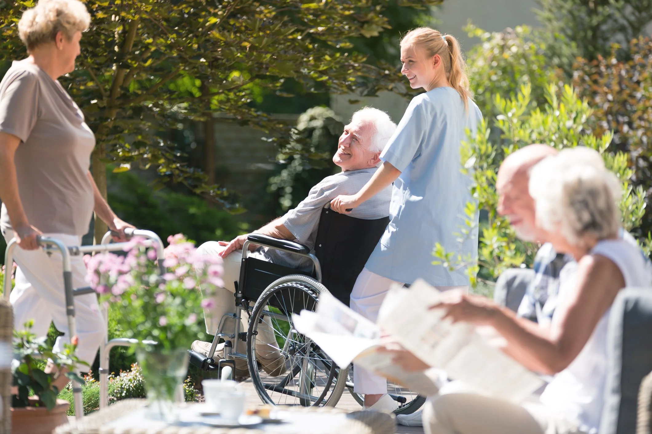 Elderly and middle-aged women outdoors in a garden, some in wheelchairs, chatting and enjoying sunshine.