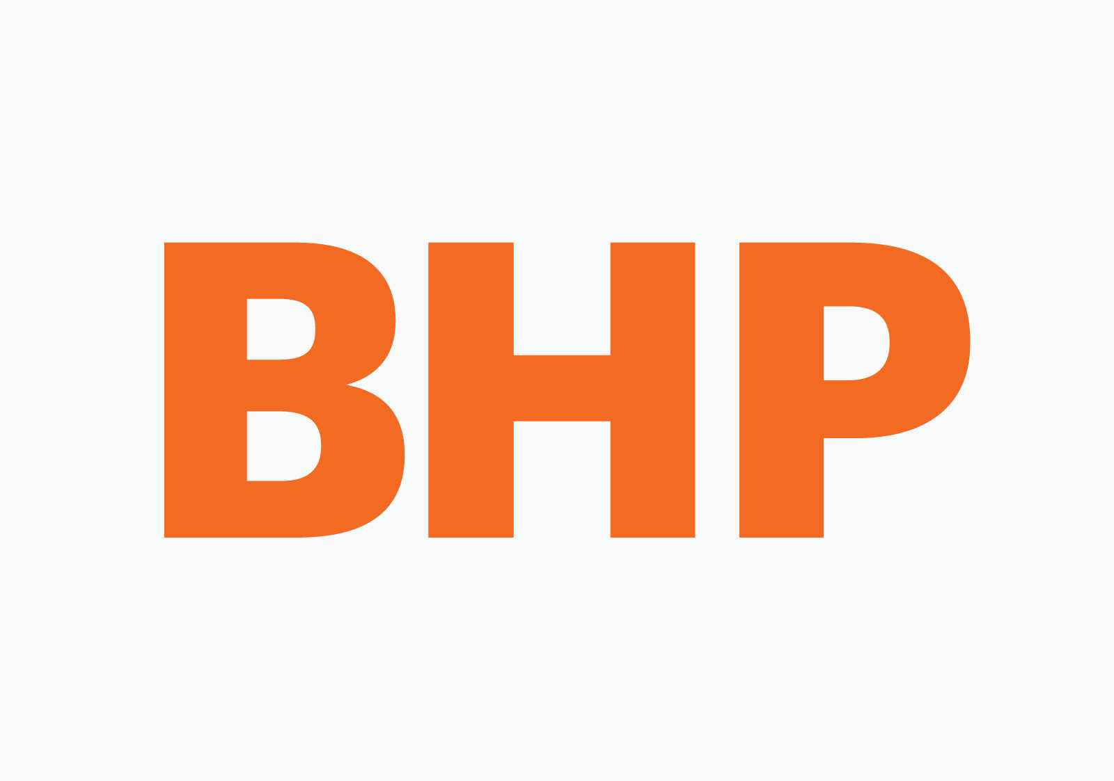 Bold orange letters spelling BHP on a white background.
