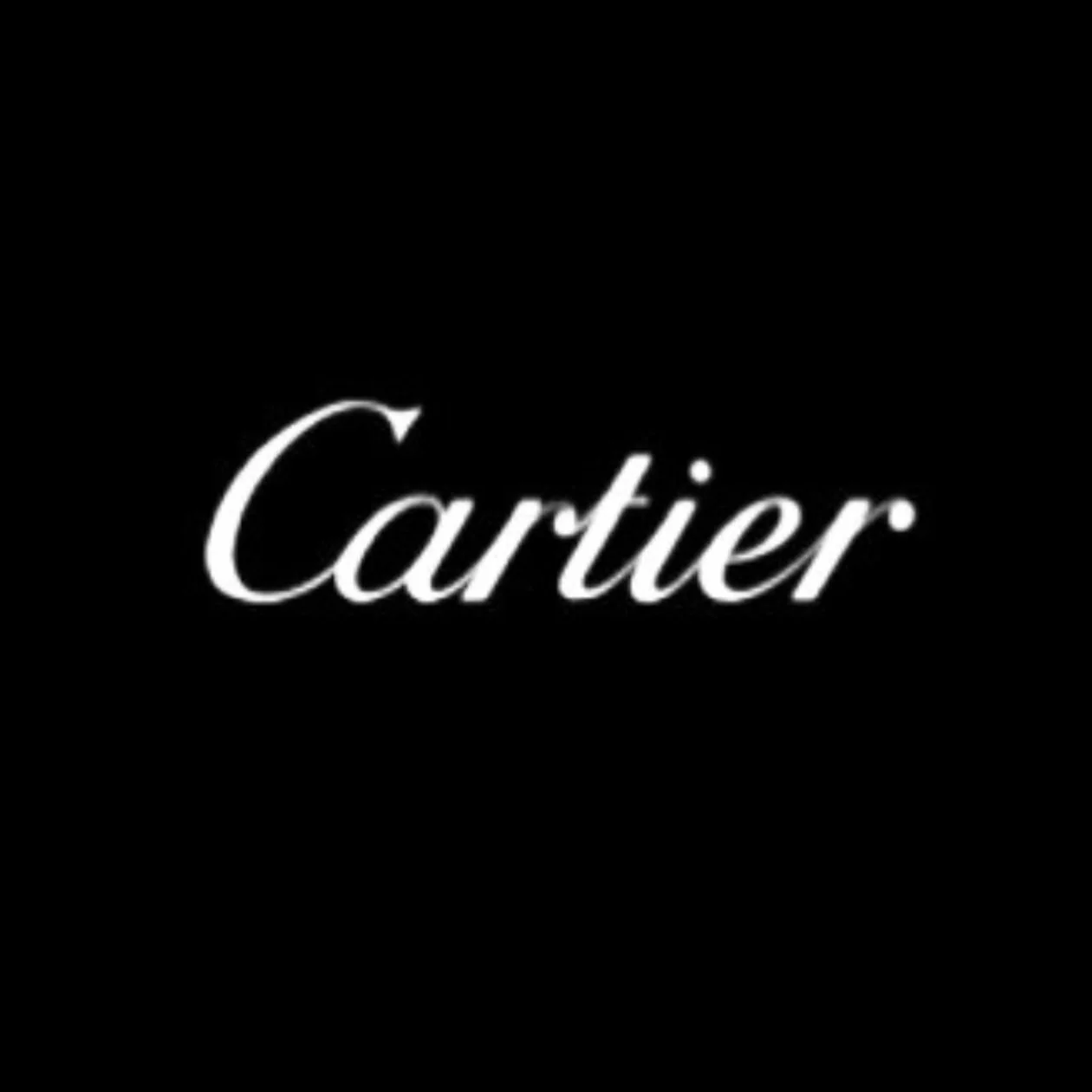 Cartier logo in white script on a black background.