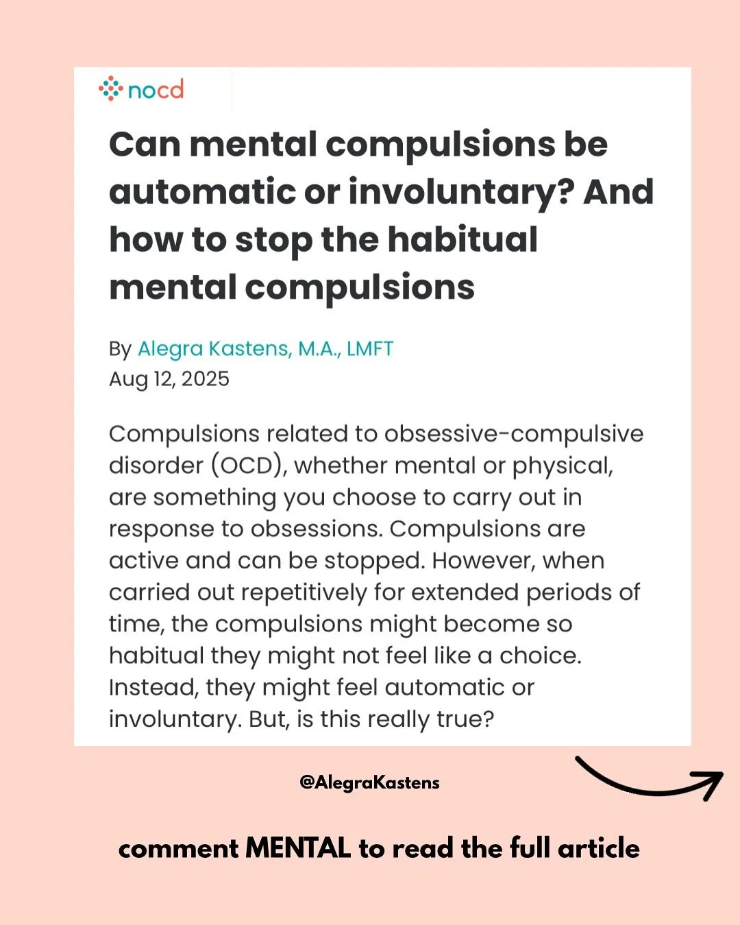 We can&rsquo;t stop intrusive thoughts but we can stop mental compulsions (even when you jump into them habitually) 📣 Comment MENTAL to read the full article I wrote for @treatmyocd 🧡
.
.
.
.
.
.
.
.
.
.
.
#ocd #obsessivecompulsivedisorder #ocdawar