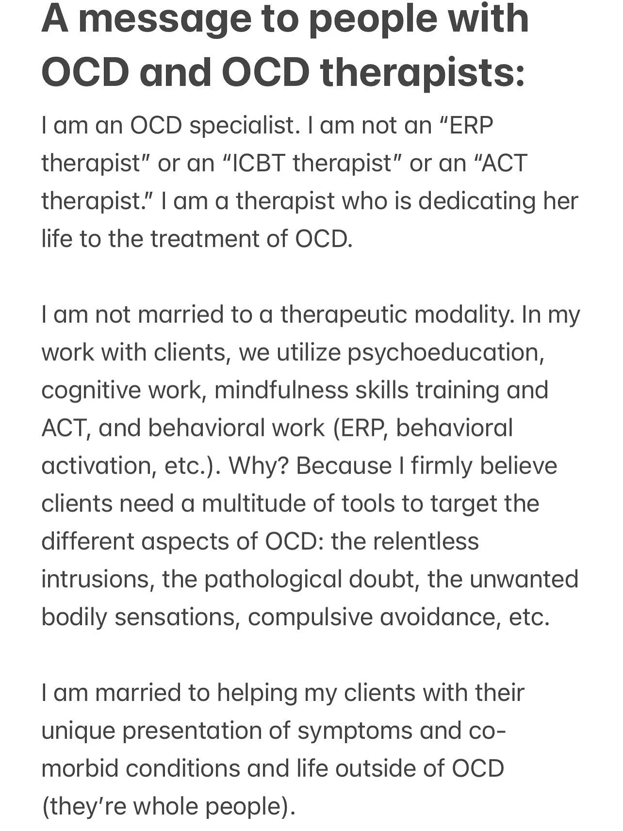 I hope this helps ❤️ May we all be married to helping clients with their unique symptoms and not therapeutic models (none of which help 100% of people).
.
.
.
.
.
.
.
.
.
.
.
.
.
.
.
.
.
.
#ocd #obsessivecompulsivedisorder #ocdawareness #intrusivetho