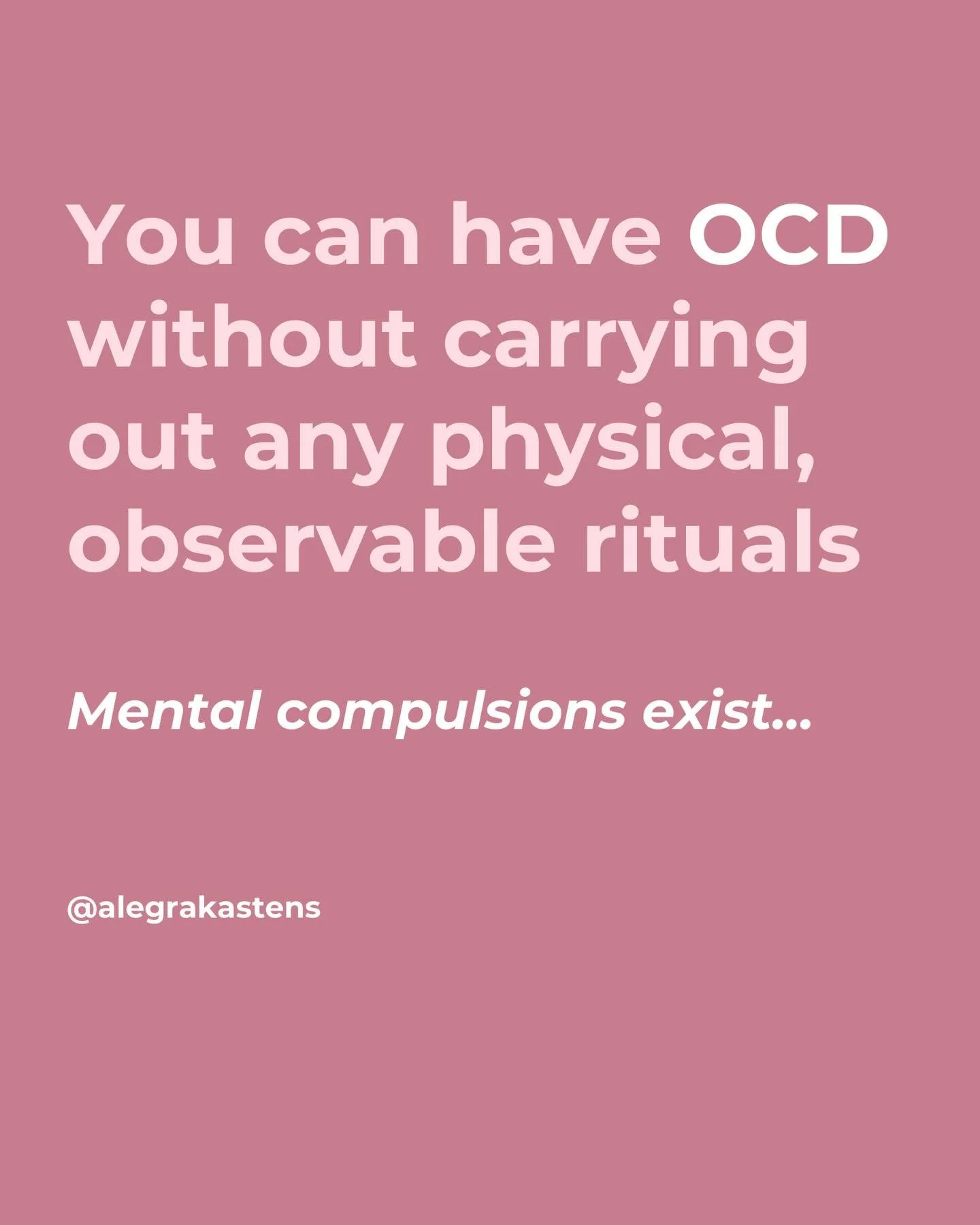 OCD often gets misdiagnosed or goes undiagnosed because people don&rsquo;t know that mental compulsions exist 🤯
.
A person with OCD can have no observable symptoms, making their suffering invisible. This was me! Nobody around me knew that I was stru