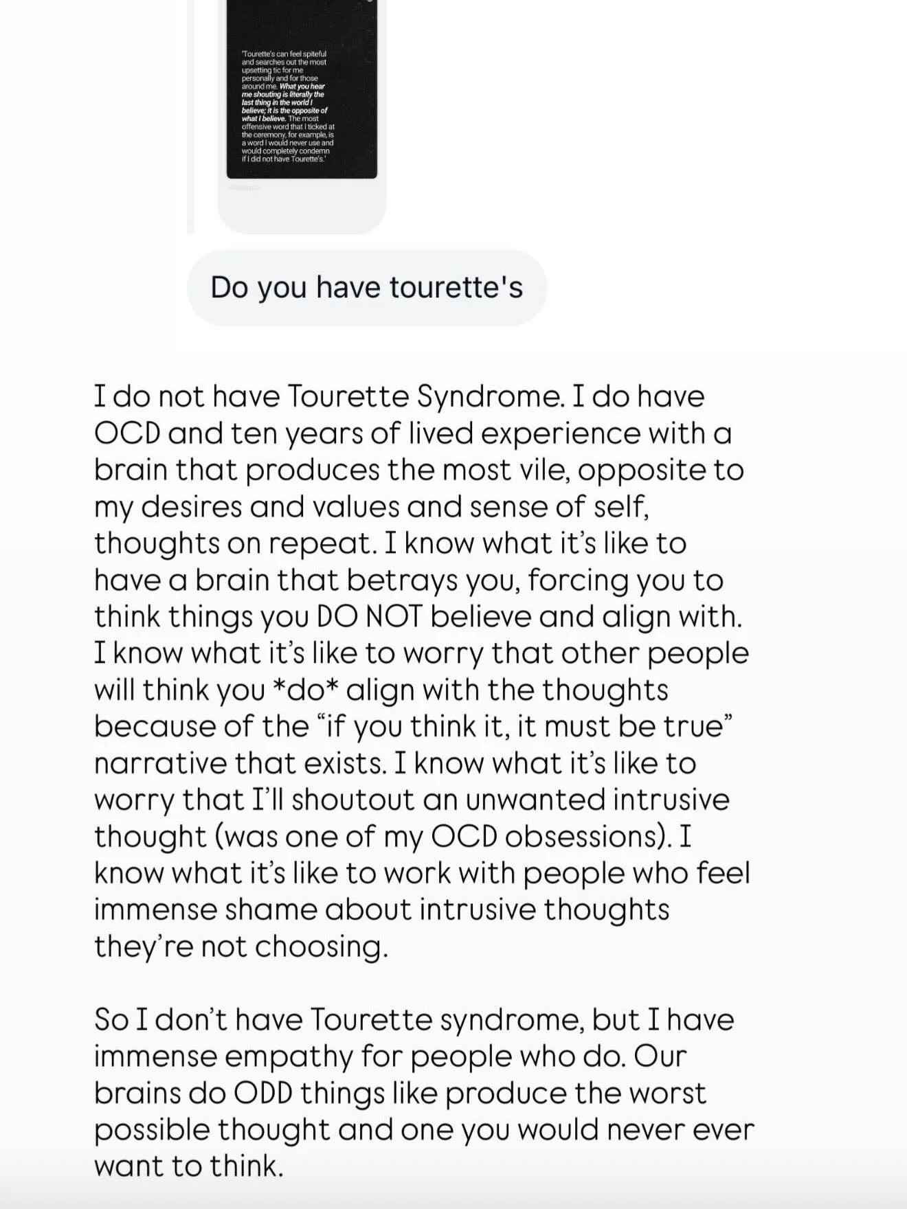 &ldquo;If you think it, it must be true&rdquo; is a harmful narrative. I don&rsquo;t have Tourette Syndrome, but I do know what it&rsquo;s like to live with a brain that produced the most vile, opposite to my desires and sense of self, thoughts and i