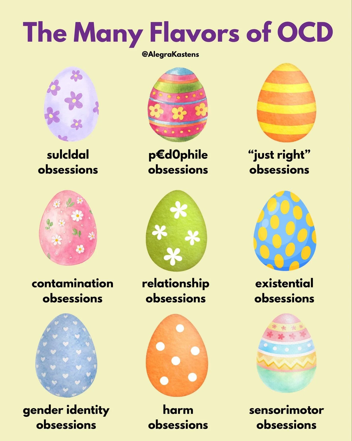 Contamination and &ldquo;just right&rdquo; obsessions are commonly portrayed in the media, but the reality is that they make up a small sliver of OCD obsessions 🐰
.
Common obsessions:
🥚 What if I&rsquo;m a p&euro;d0?
🥚 What if I don&rsquo;t actual