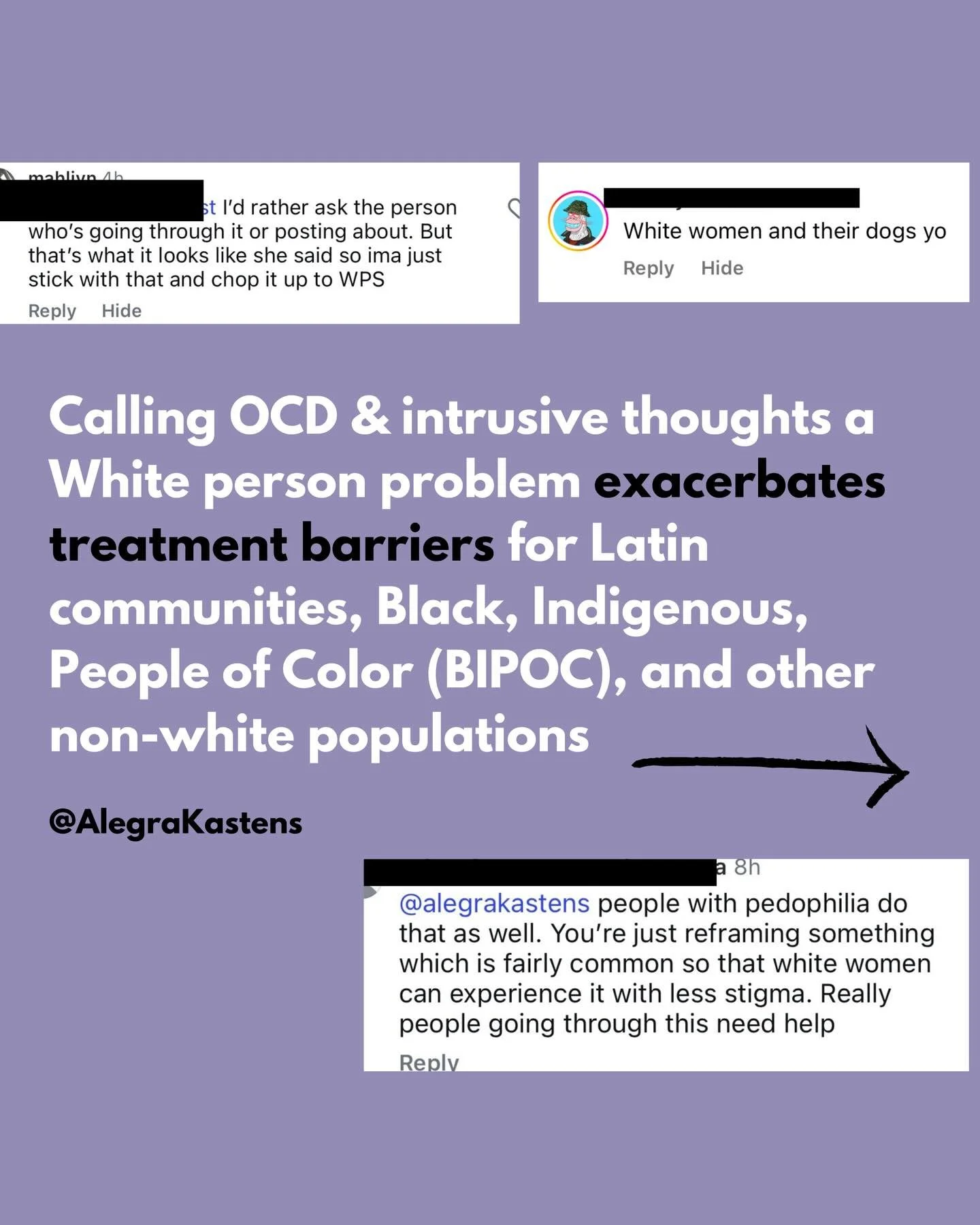Calling OCD a white people problem is not the flex people think it is 📣 Despite People of Color experiencing OCD as often as other populations, they are far less likely to get accurately diagnosed with OCD and access treatment.
.
OCD does not discri