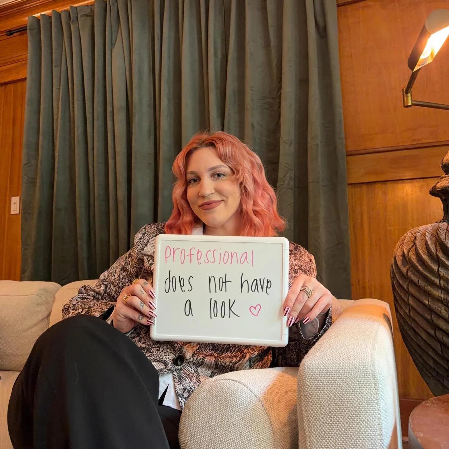 When I was an associate therapist, my boss told me to dye my pink hair a natural color because clients wouldn&rsquo;t want to see a therapist with pink hair. I strongly disagreed but dyed it anyways.
.
Now, as a practice owner, I get to have whatever