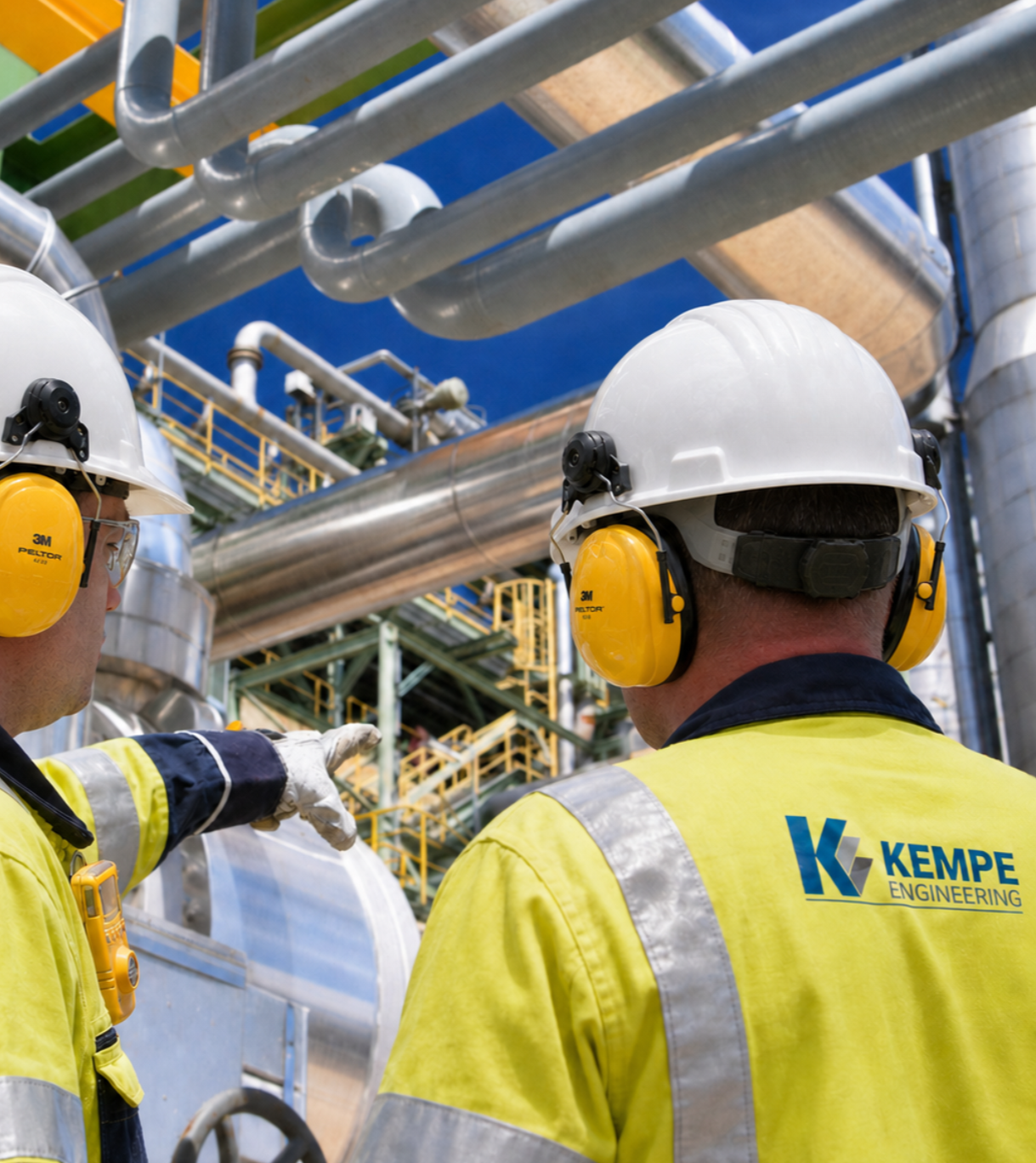 A man wearing safety glasses, a blue hard hat, and an orange safety vest looks at a tablet in an industrial setting, with another worker in safety gear in the background.