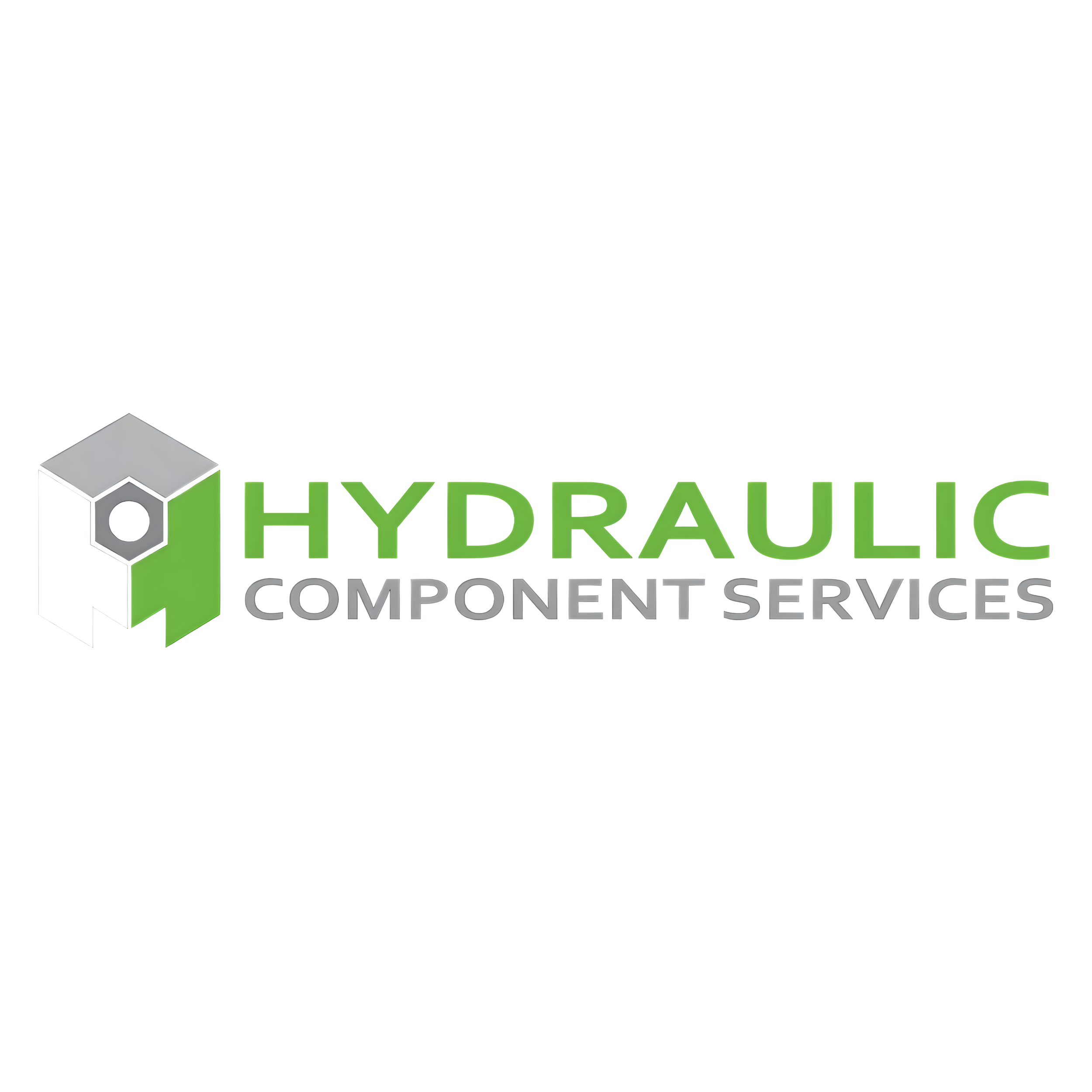 Logo of Hydraulic Component Services featuring a 3D cube with a gray top, white front, and green side, with green and gray text underneath reading 'HYDRAULIC COMPONENT SERVICES'.