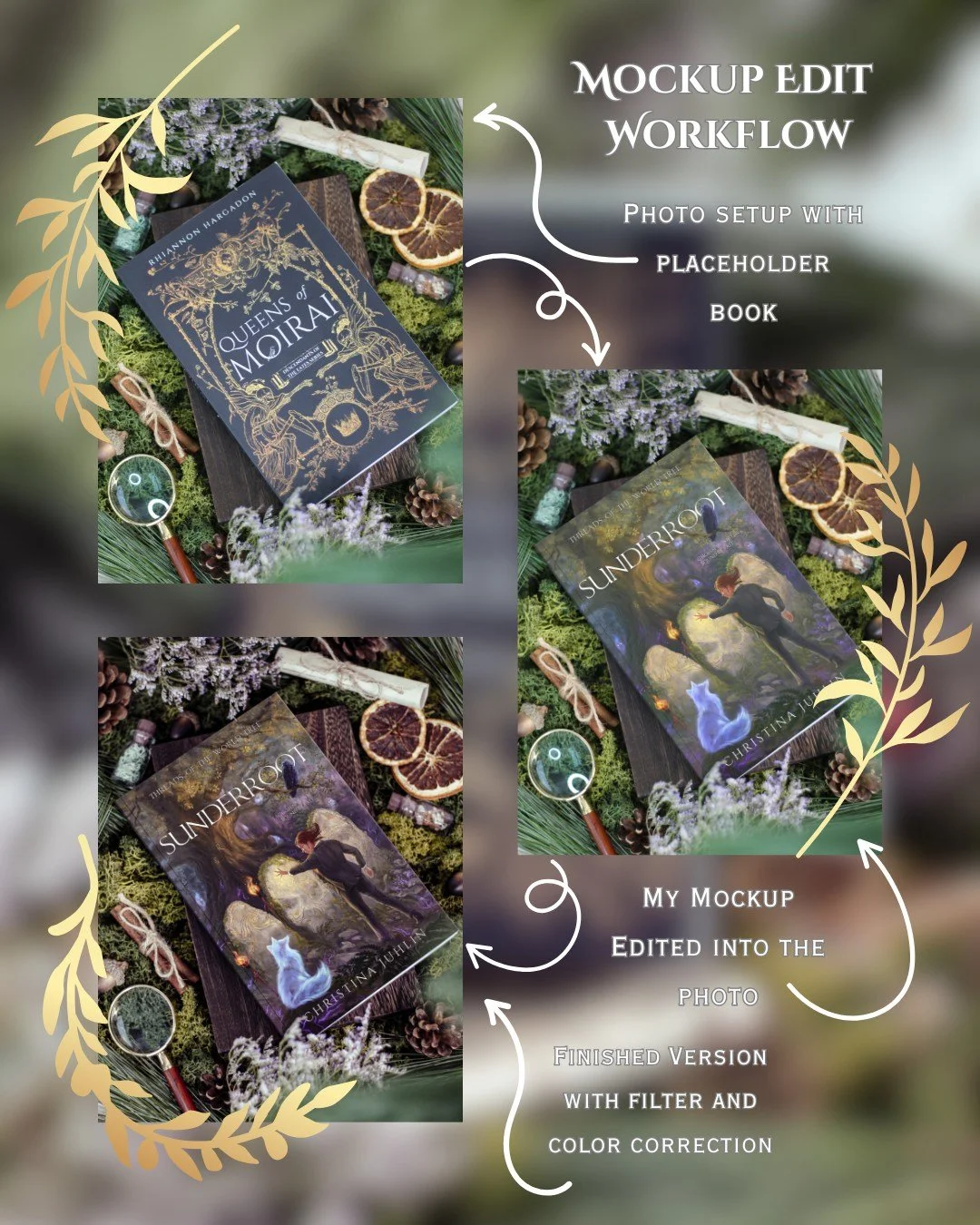 ⋆˖⁺‧☽ Mockup Edit Workflow ☾‧⁺˖⋆

From staged setup &rarr; mockup magic &rarr; full aesthetic glow ✨

Every mockup edit starts with a staged scene, tailored to match the author&rsquo;s vision and the book&rsquo;s aesthetic. I photograph the scene wit