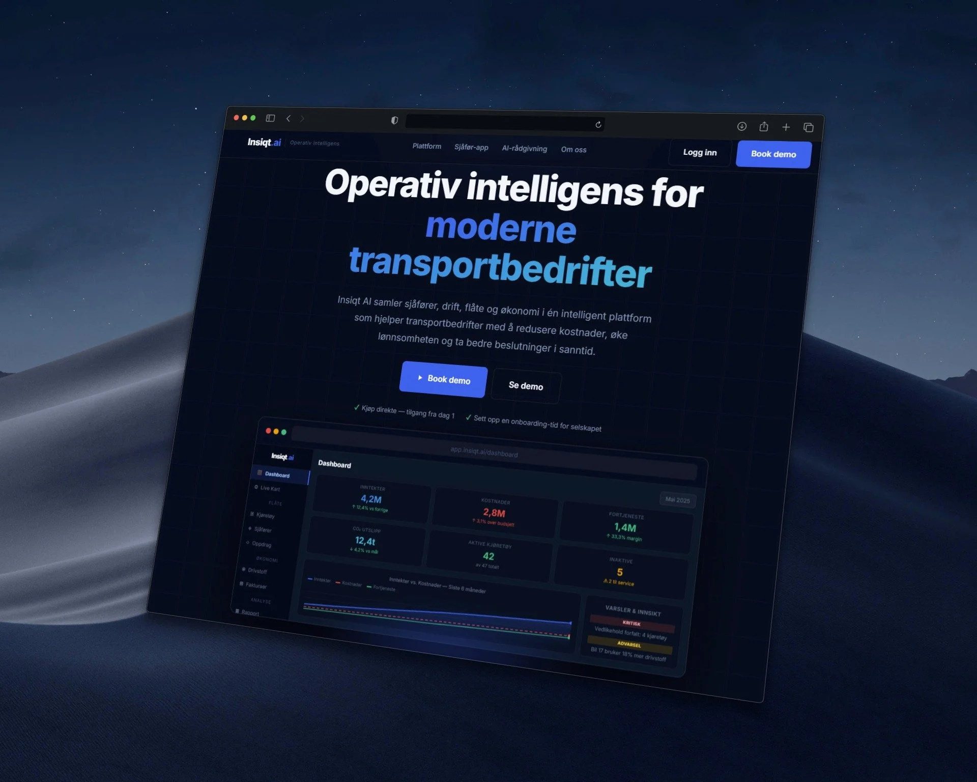 Skjermbilde av en nettside med overskriften 'Operativ intelligens for moderne transportbedrifter' på norsk, vises på en dataskjerm i et mørkt rom, med en stjernehimmel i bakgrunnen.