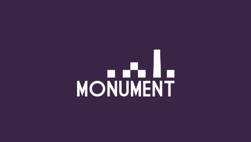 Logo met de woorden 'MONUMENT' en silhouetten van gebouwen op een paarse achtergrond.