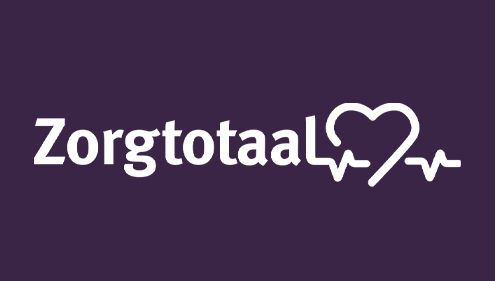 Wit tekst 'Zorgtotaal' met een hart en een hartslaglijn op een paarse achtergrond.