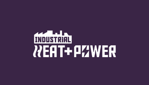 Industrieel tekstlogo met woorden 'INDUSTRIAL HEAT + POWER' op paarse achtergrond.