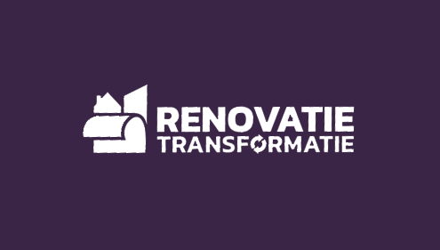 Logo met de tekst "Renovatie Transformatie" op een paarse achtergrond.