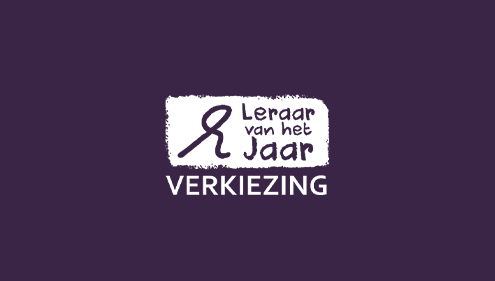 Logo met tekst 'Leraar van het Jaar Verkiezing' op paarse achtergrond.